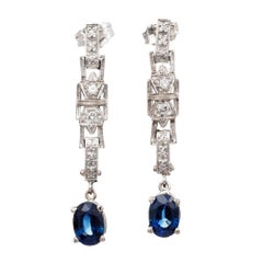 GIA Certified 2.00 Carat Oval Sapphire Diamond Gold Dangle Drop Earrings