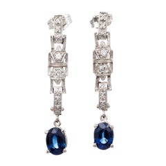 GIA Certified 2.00 Carat Oval Sapphire Diamond Gold Dangle Earrings