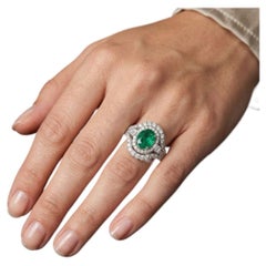 GIA Certified 2.00 Carat Oval Zambian Emerald Double Halo Diamond Ring in 18K Wh