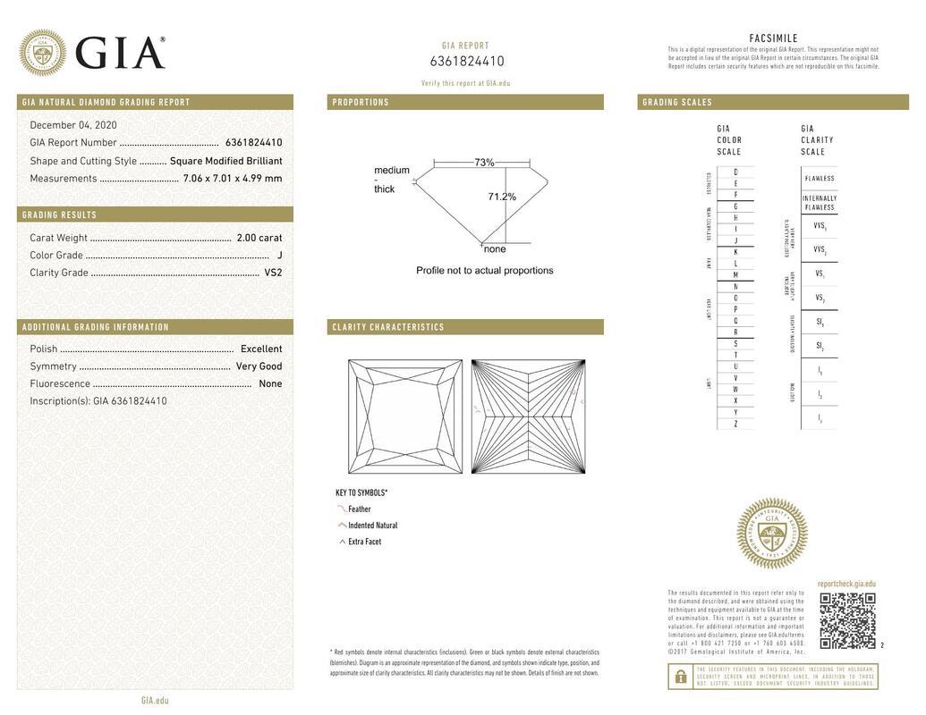 Contemporain GIA Certified 2.00 Carat Princess Solitaire Trellis Prong Diamond Ring en vente
