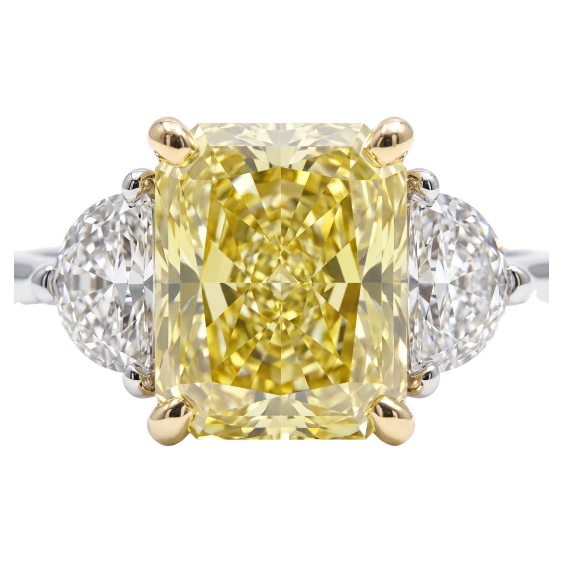 GIA Certified 2.00 Carat Radiant Cut Diamond Fancy Yellow Ring with Half Moon