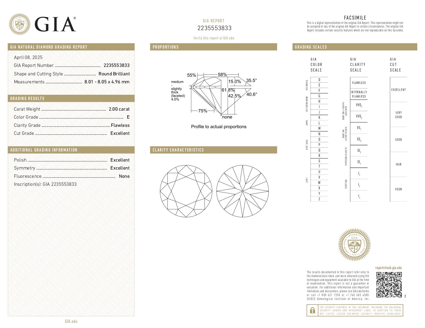 Women's GIA Certified 2.00 Carat Round Cut Diamond E Color Flawless Clarity Ring For Sale