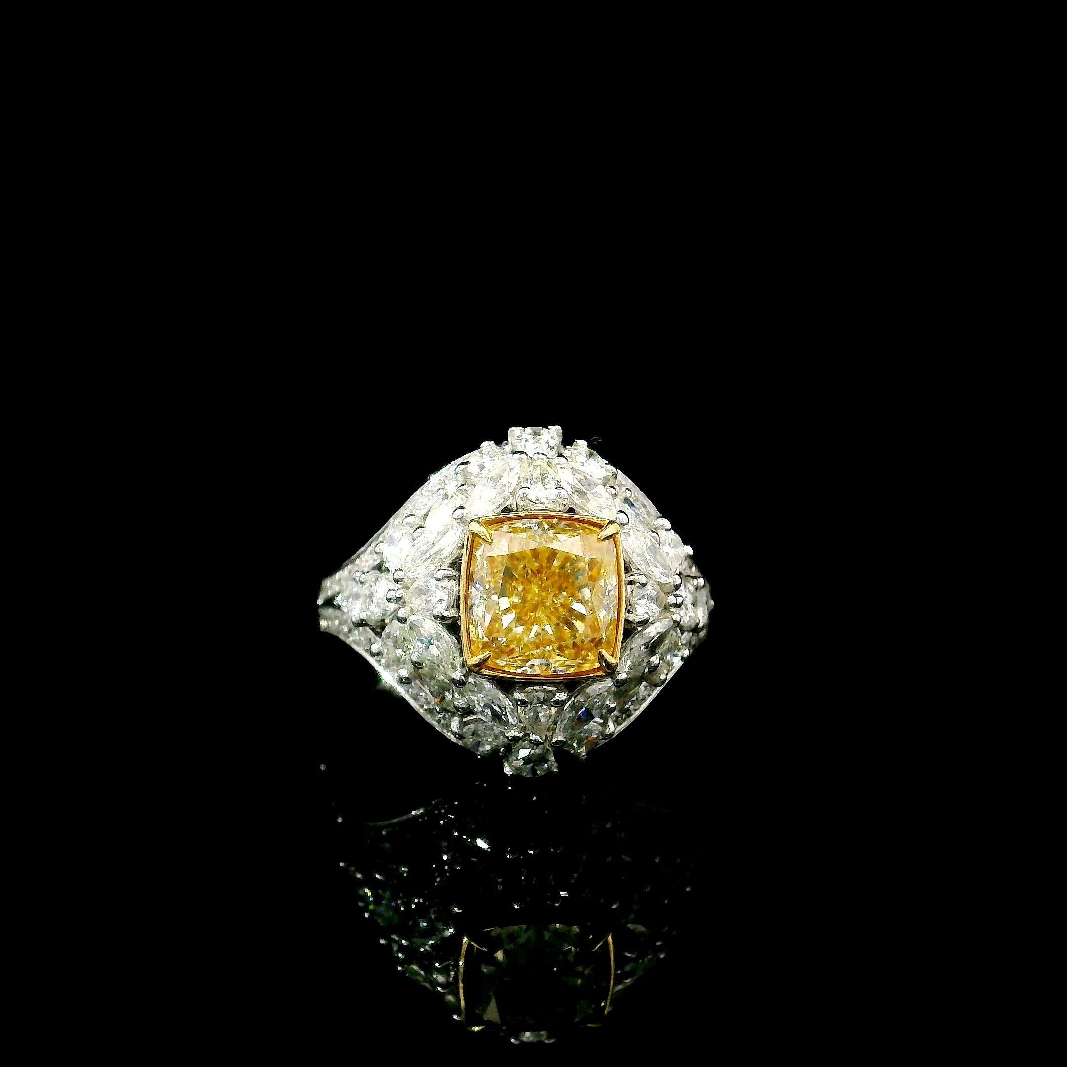 18kt white gold ring with diamonds
  
  Gold colour & karat: White gold 18kt
  Weight: 6.97 grams
  
  Set with-
  Stone type: Diamonds
  Shape: Cushion
  Carat: 2.00
  Colour: U to V Range
  Clarity: I1
  
  Surrounding Stones: Diamonds
 1) White