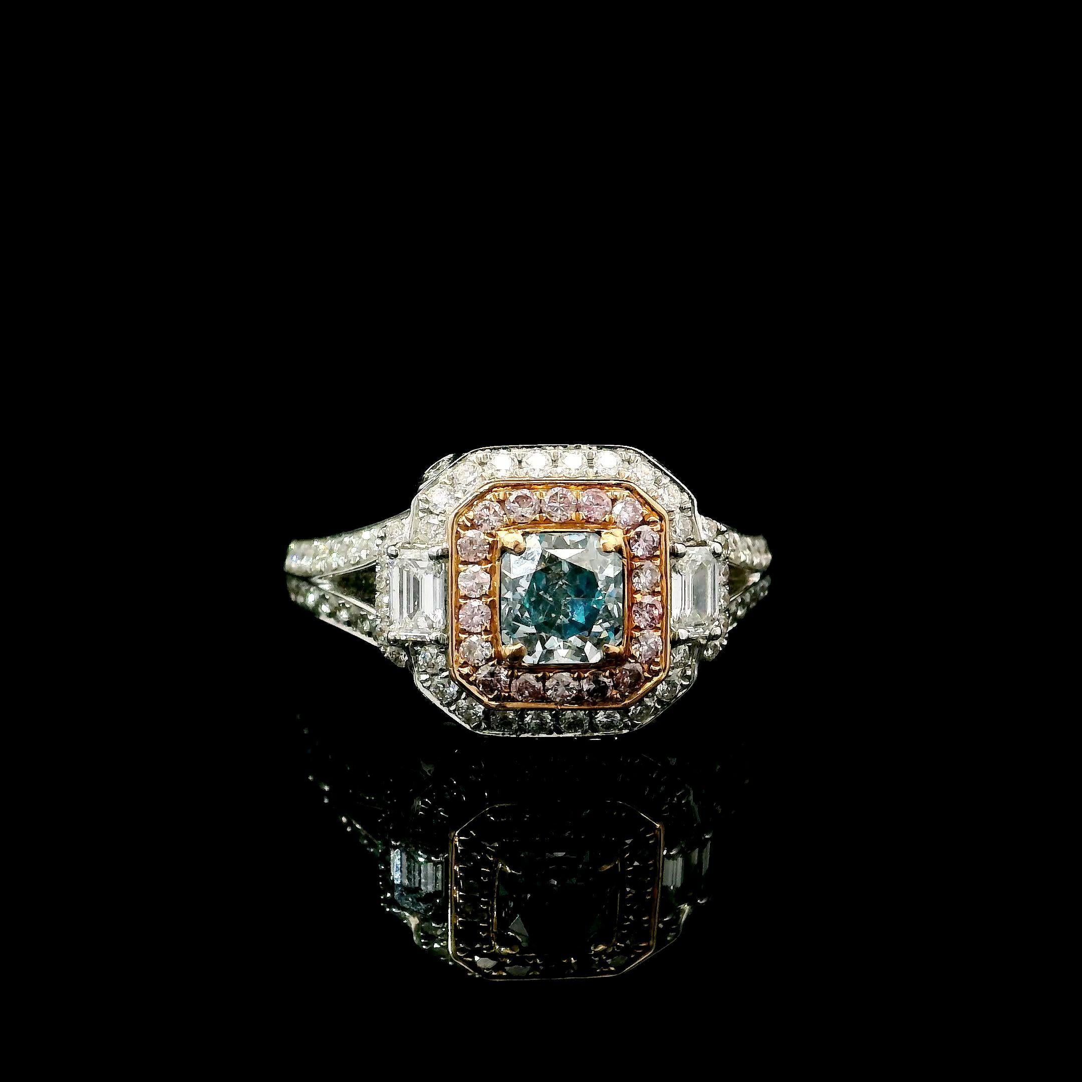 18kt white gold ring with diamonds
  
  Gold colour & karat: White gold 18kt
  Weight: 6.29 grams
  
  Set with-
  Stone type: Diamonds
  Shape: Radiant 
  Carat: 2.00 ct
  Colour: Very Light Green
  Clarity: SI1
  
  Surrounding Stones: Diamonds
