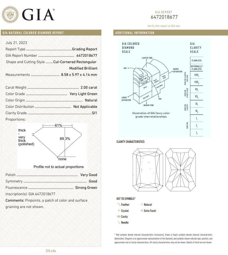 GIA Certified 2.00 Carat Very Light Green SI1 Clarity Diamond Ring For Sale 3
