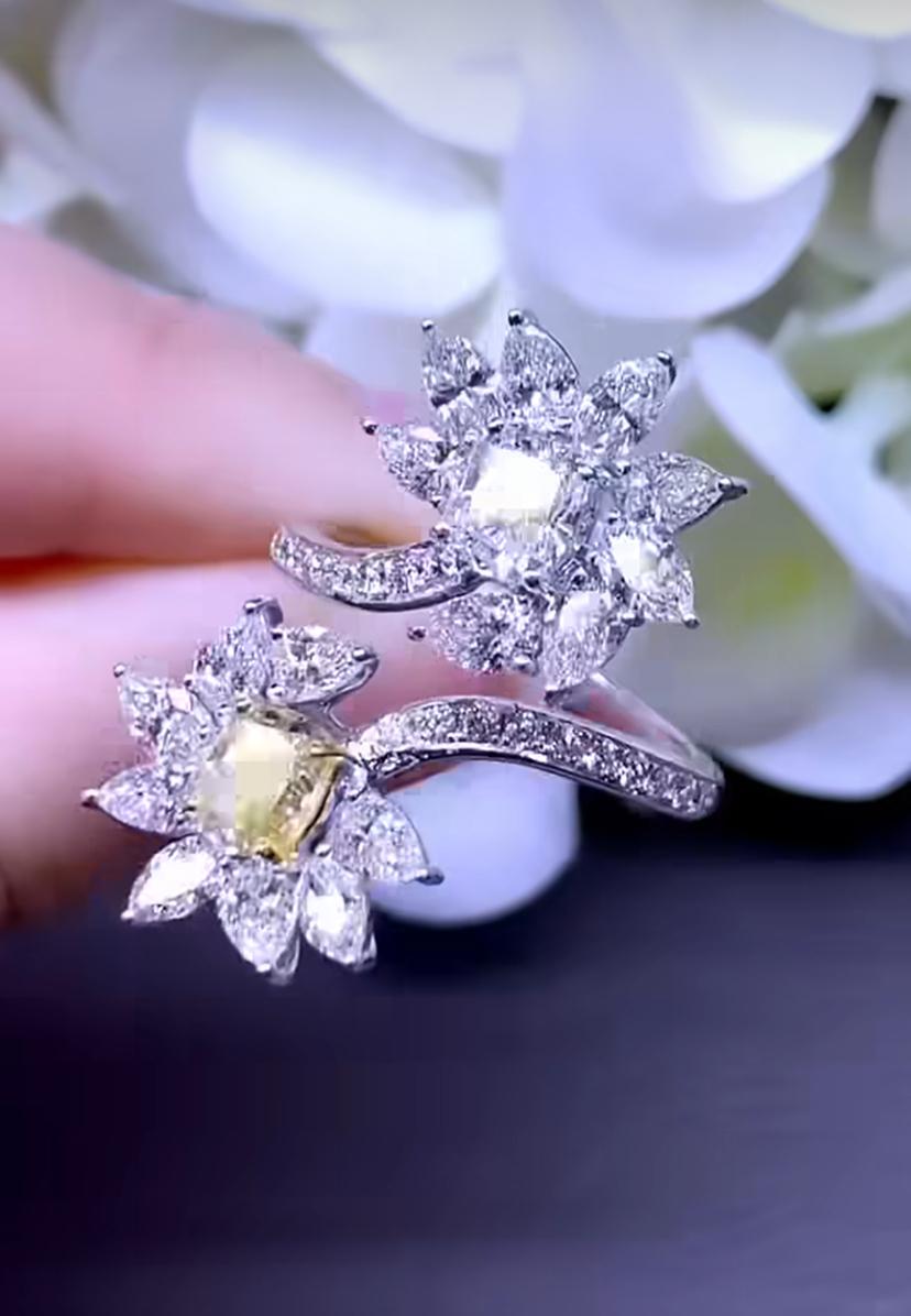 GIA Certified 2.00 Carats Diamonds  3.29 Carats Diamonds 18K Gold Flowers Ring  For Sale 3