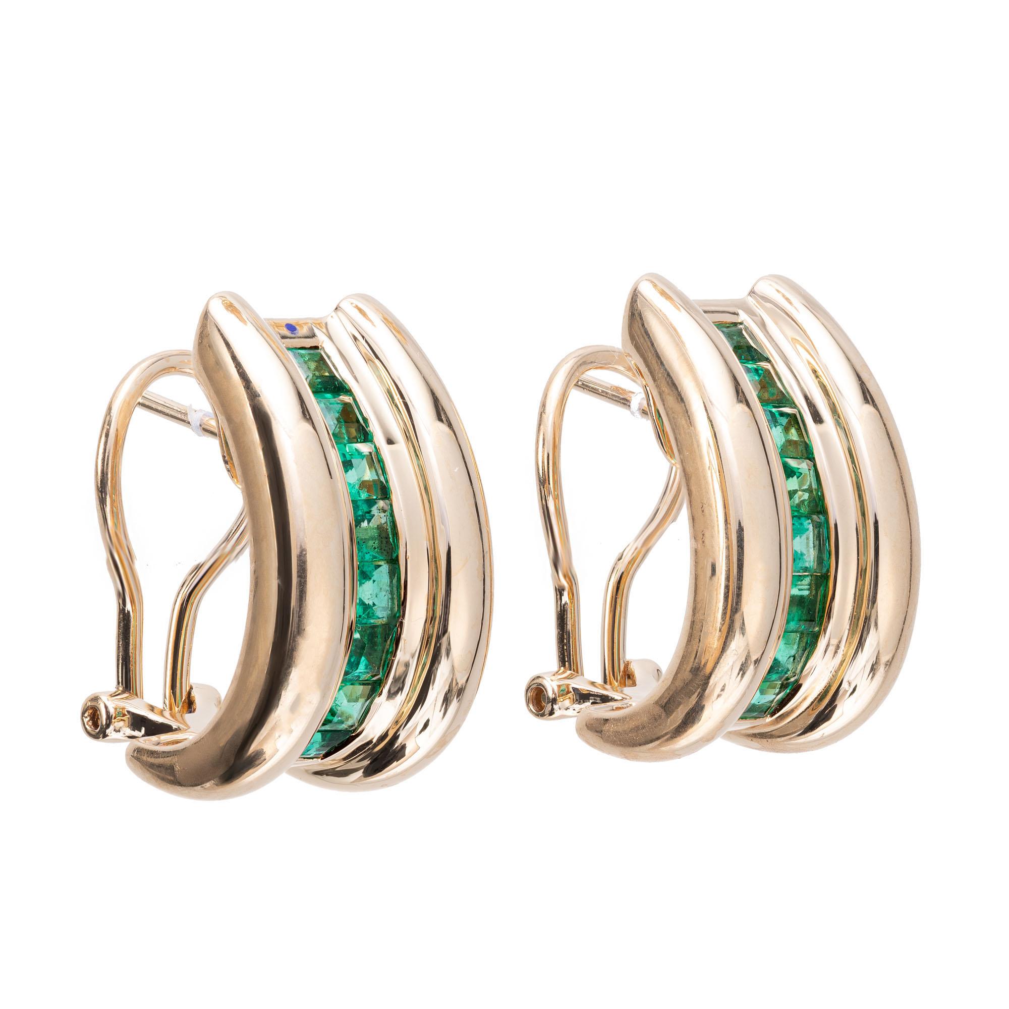 14k yellow gold clip post hoop earrings with 2.00 carats of bright green GIA certified 16 natural square cut emeralds.

16 square cut green emeralds, MI approx. 2.00cts GIA Certificate # 5212380773
14k yellow gold 
Stamped: 14k
Hallmark: CEI