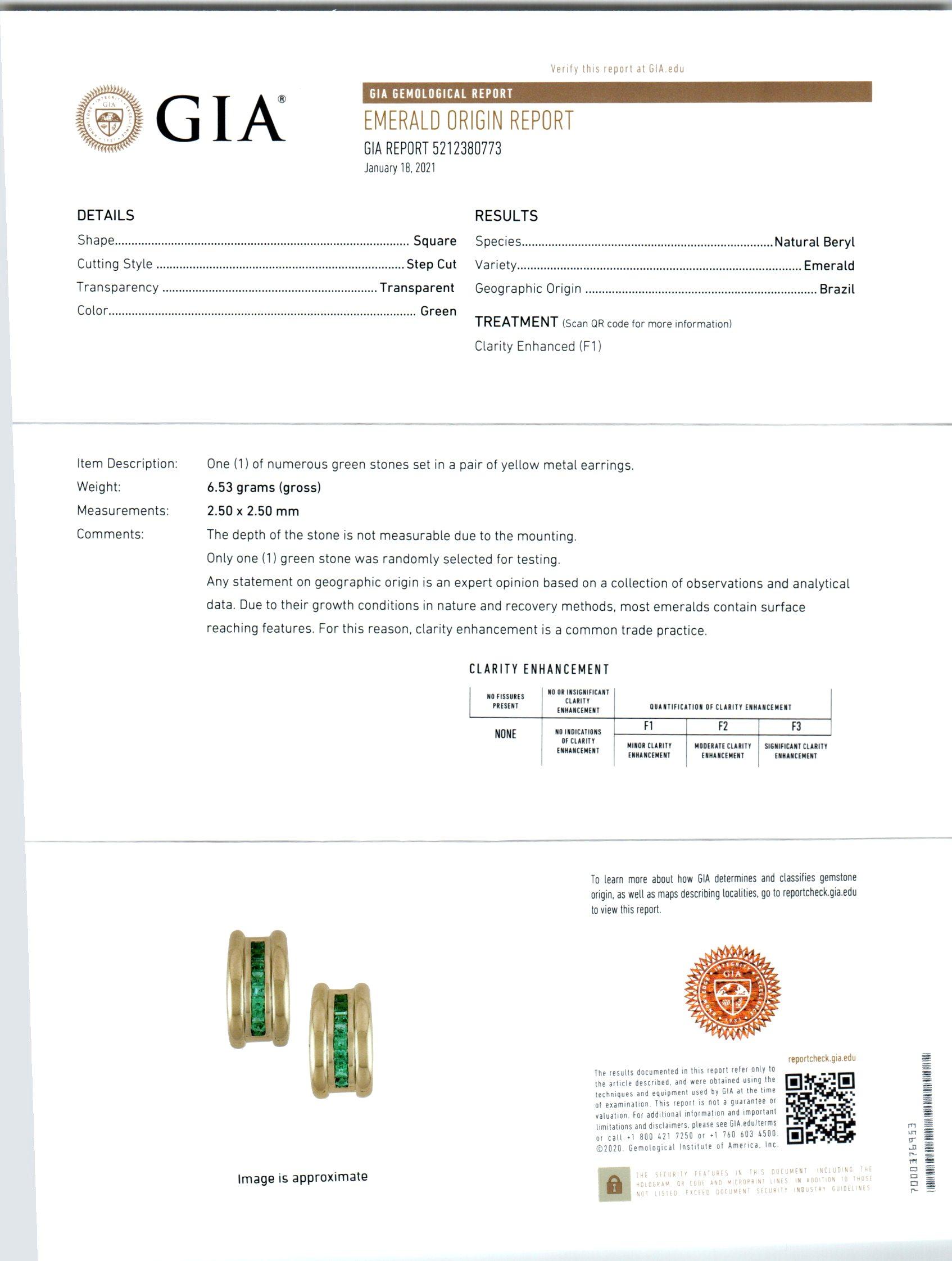 GIA-zertifizierte Gelbgold-Ohrringe mit 2,00 Karat Smaragden im Angebot 1