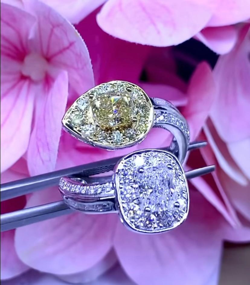An exclusive ring in contrarie design, modern and elegant style, a very glamour piece.
Ring come in 18k gold with a natural fancy brownish yellow diamond of 1 carat ,VS2 clarity, in cushion cut and a natural diamond of 1 carat D/VS2, in cushion cut,