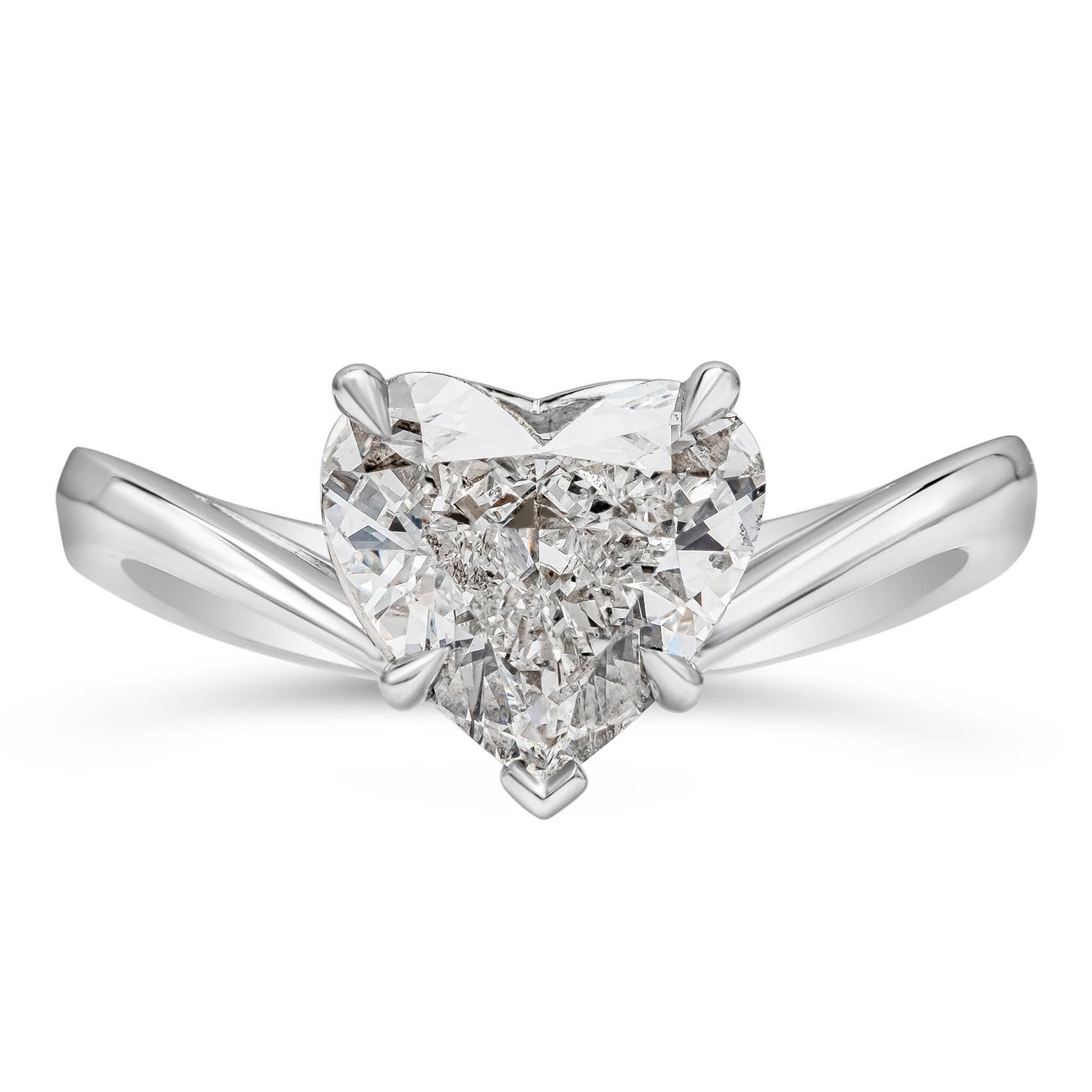 A well crafted engagement ring showcasing a 2.00 carats total heart shape diamond set in a chic contoured band and made in platinum. GIA Certified heart shape diamond is classified as F color and SI2 in clarity.

Style available in different price