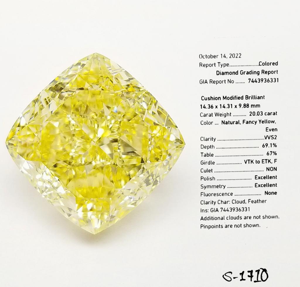 Cushion Cut GIA Certified 20.00 Carats Fancy Yellow Diamond  For Sale