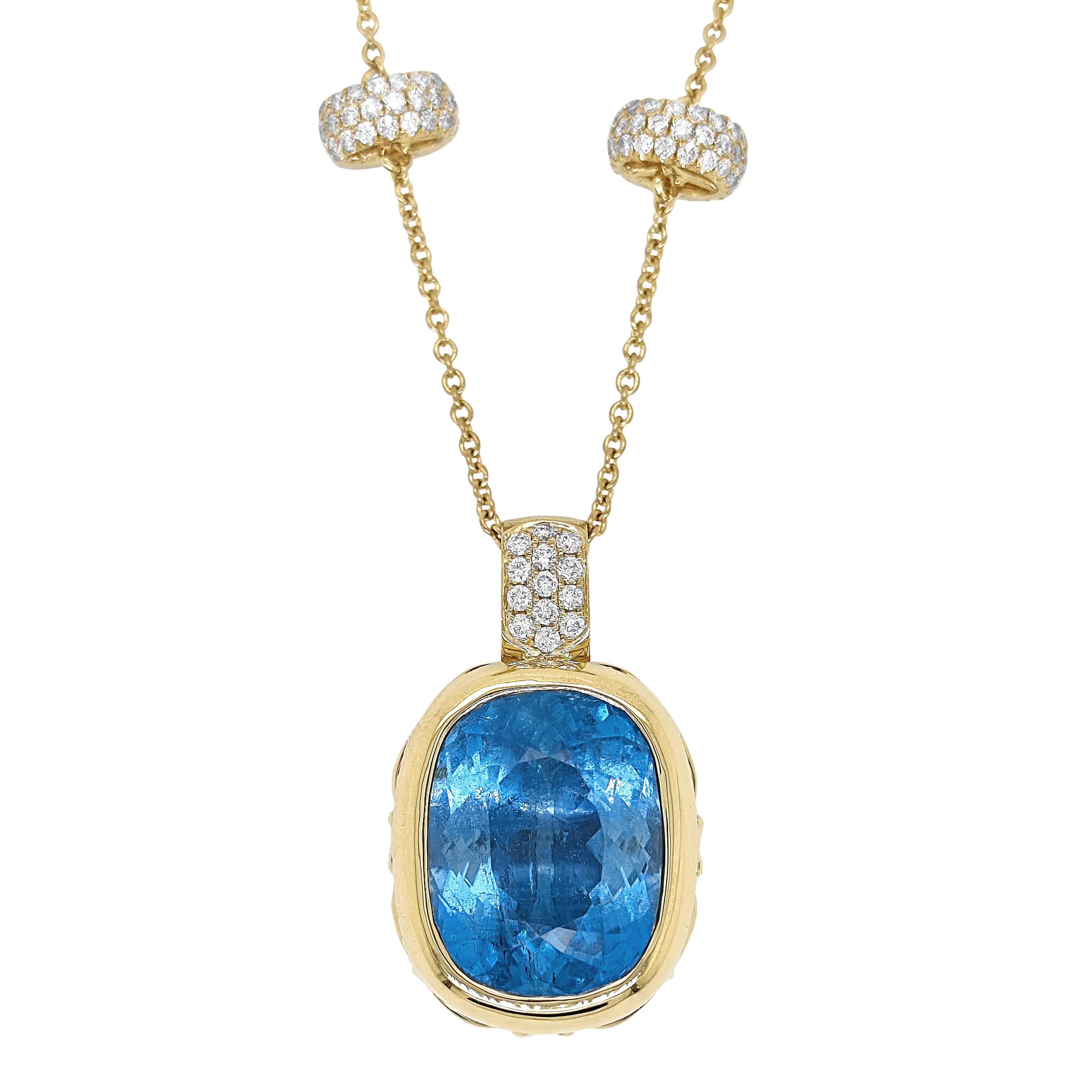 GIA-zertifiziert 20,04 Karat Aquamarin und Diamant Gelbgold Halskette (Gemischter Schliff) im Angebot