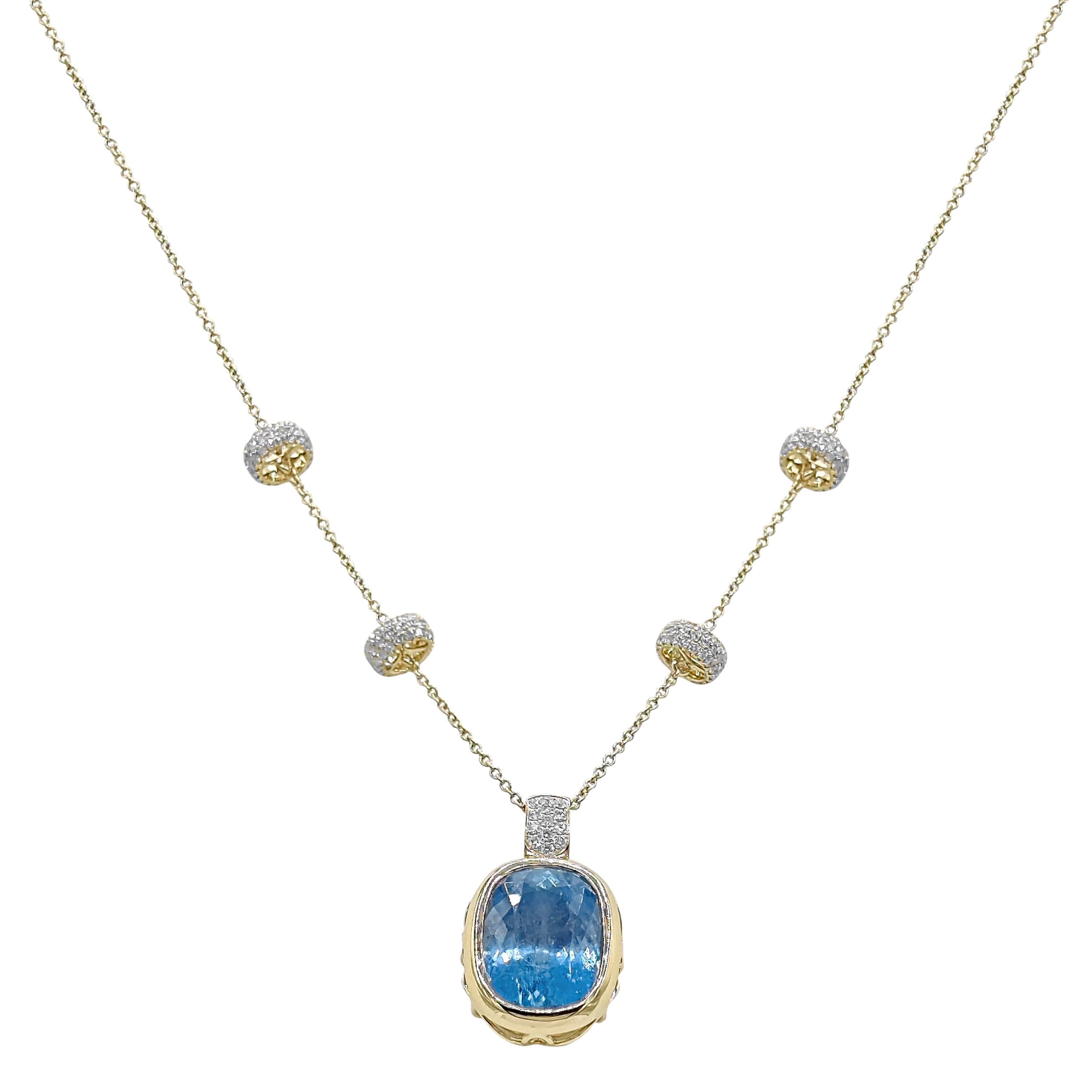 GIA-zertifiziert 20,04 Karat Aquamarin und Diamant Gelbgold Halskette im Zustand „Neu“ im Angebot in New York, NY