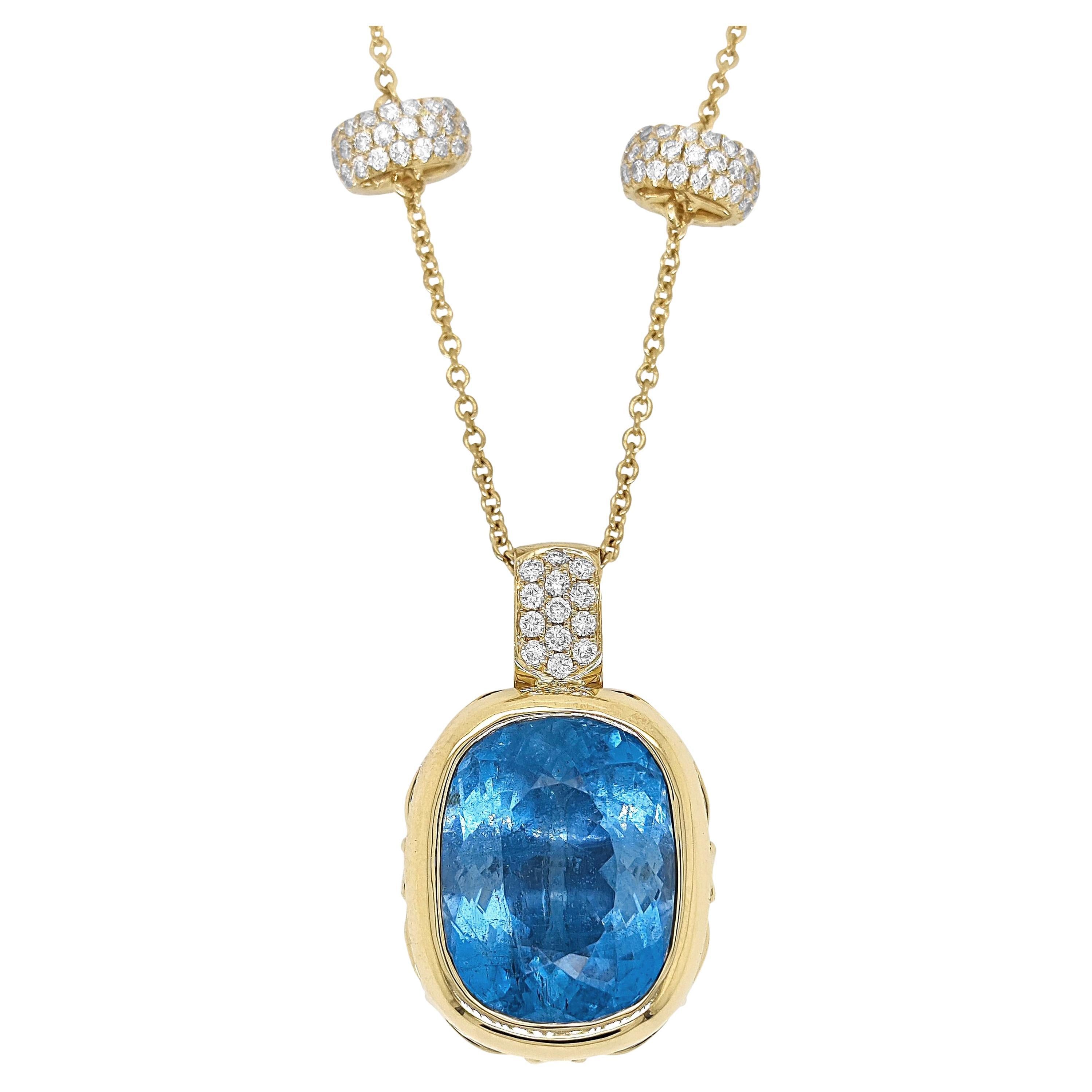 GIA-zertifiziert 20,04 Karat Aquamarin und Diamant Gelbgold Halskette im Angebot