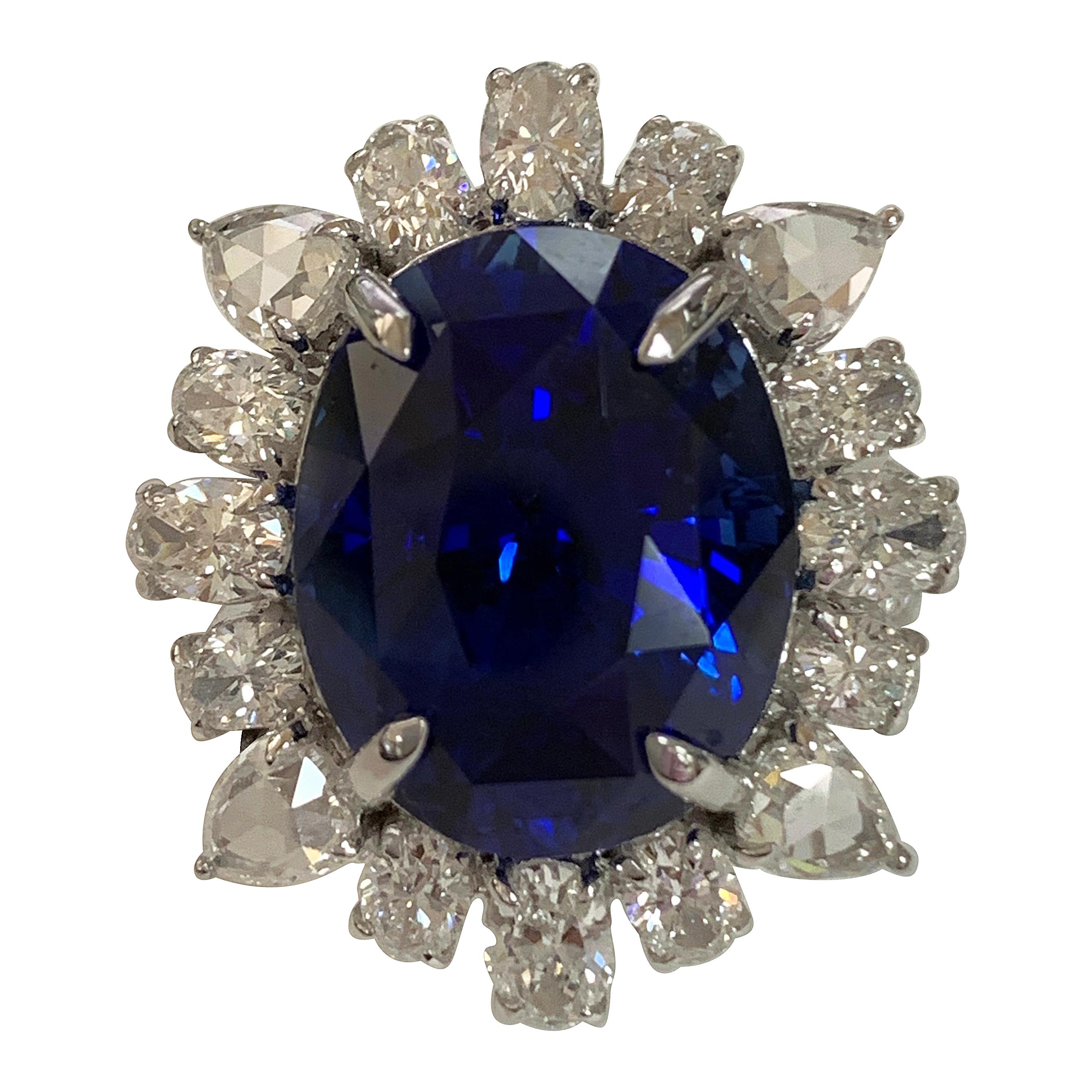 GIA Certified 20.08 Carat Blue Sapphire and Diamonds Ring