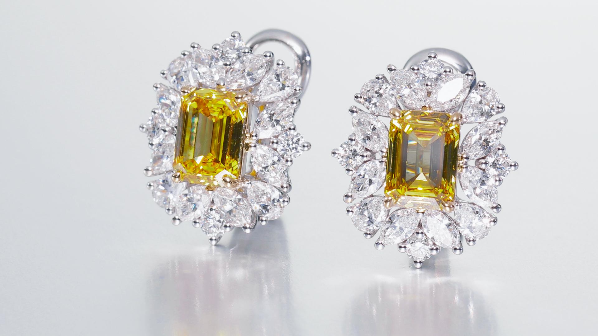 GIA Certified, 2.00ct Earrings in Natural Fancy Vivid Yellow Emerald earrings. For Sale 1