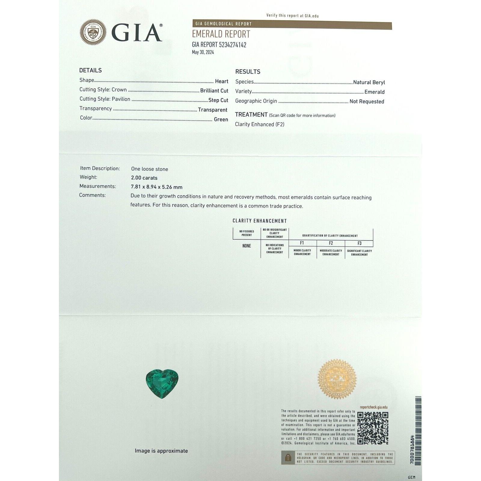 GIA Certificado 2.00ct Esmeralda Verde Viva Natural Talla Corazón 7.8x8.9mm Gema Rara

Gema esmeralda natural verde vivo de talla corazón certificada por GIA.
Esmeralda de 2,00 quilates de un fino color verde vivo y muy buena claridad. Piedra limpia