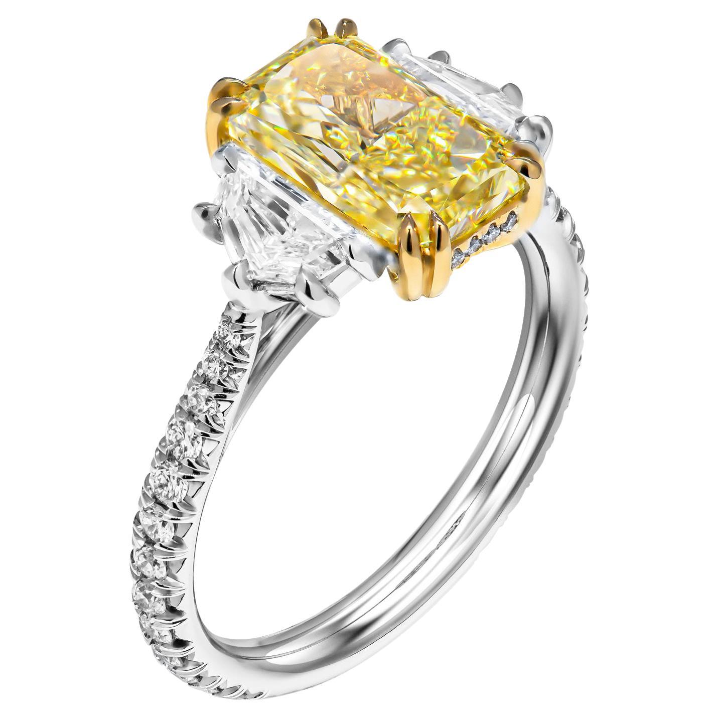 GIA Certified 2.00ct Radiant Fancy Yellow Three-Stone Ring For Sale