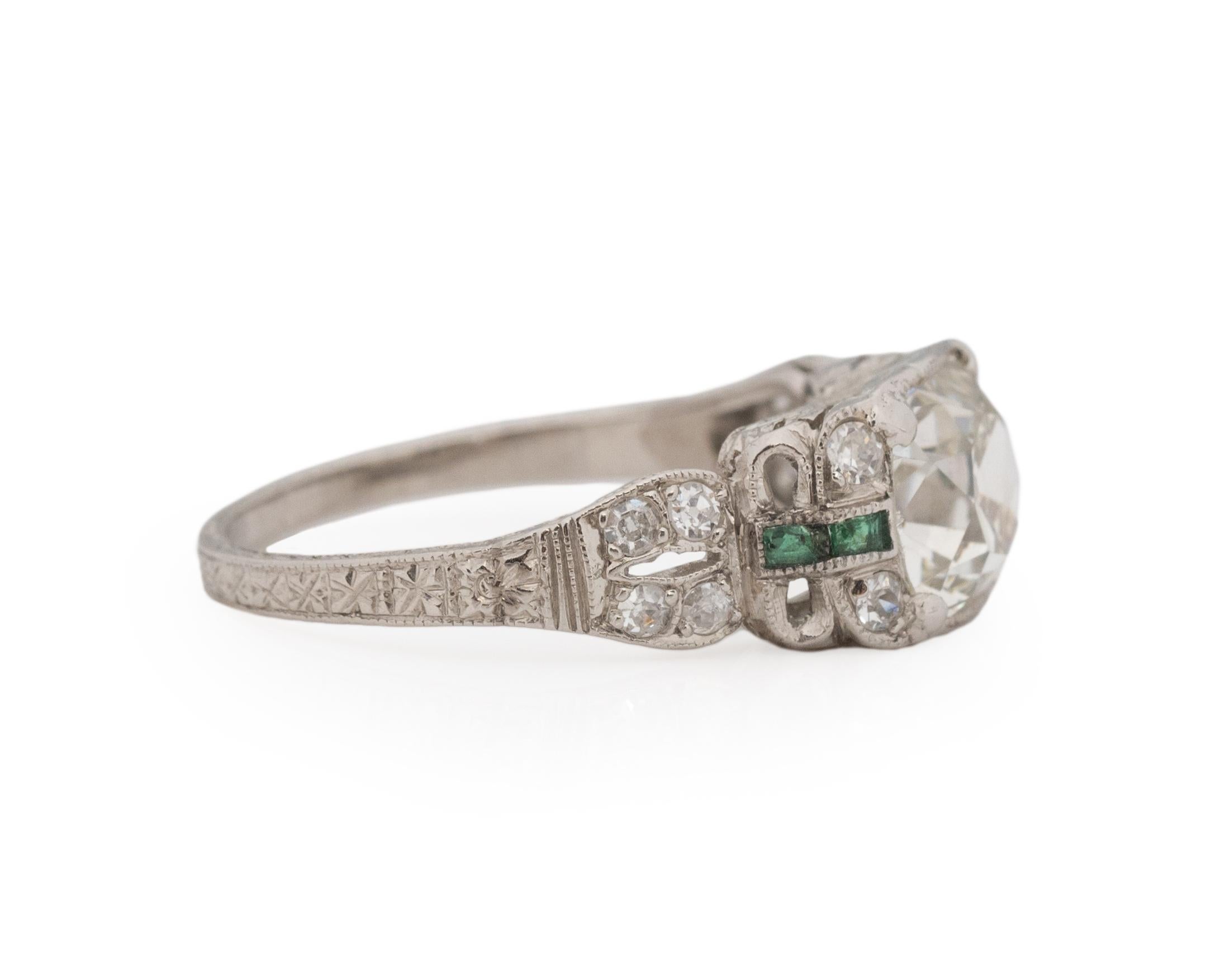 Ring Size: 6
Metal Type: Platinum [Hallmarked, and Tested]
Weight: 3.0 grams

Center Diamond Details:
GIA REPORT #:
Weight: 2.01ct
Cut: Old Mine Brilliant (Antique Cushion)
Color: K
Clarity: SI1
Measurements: 7.78mm x 7.01mm x 4.90mm

Side Stone