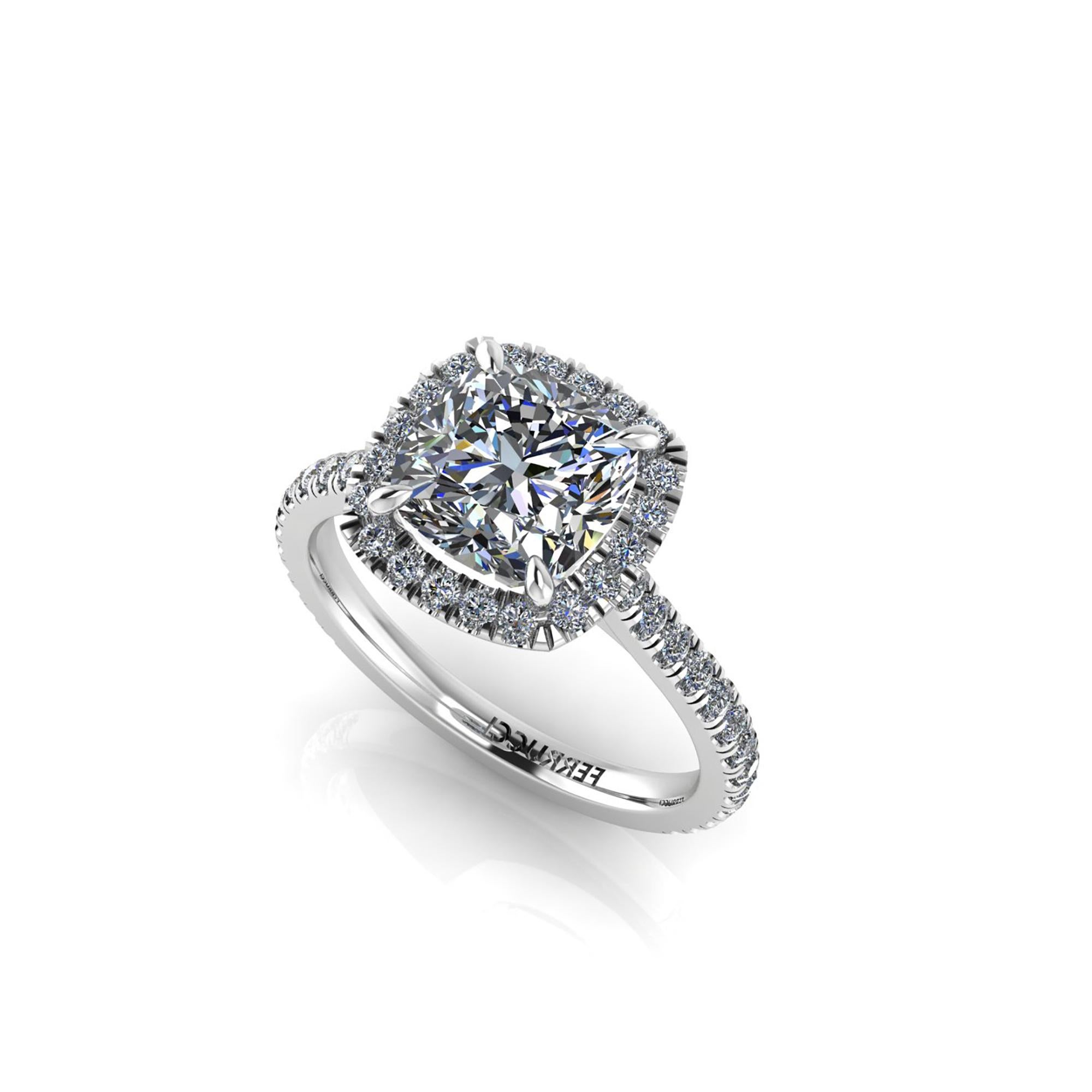 GIA Certified 2.01 carat cushion cut wonderful diamond, H color, SI2 clarity,  in a hand made Platinum ring, with a halo of white diamonds and diamond of the shank, hand set cut-down style for enhancing to the maximum the reflection of the diamonds