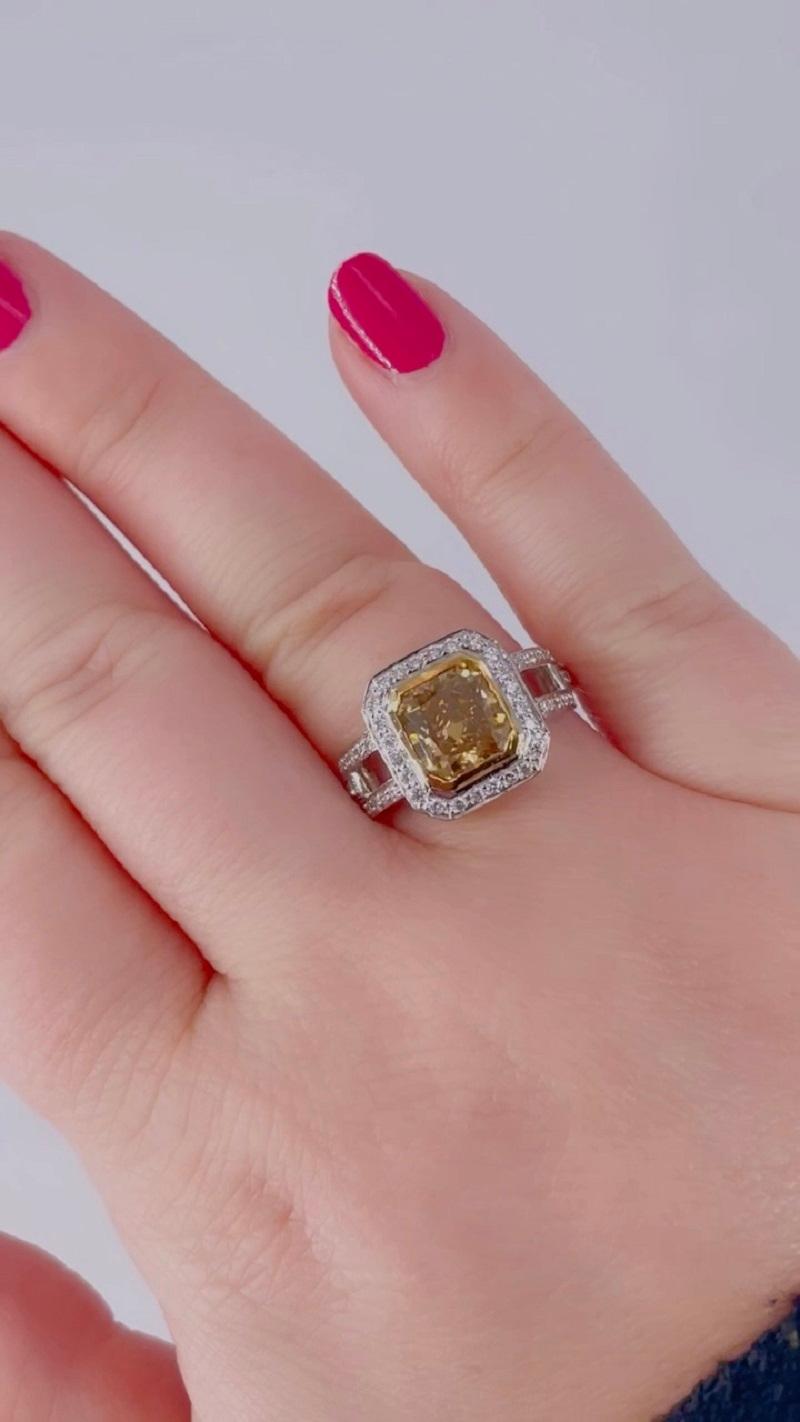 GIA Certified 2.01 Carat Fancy Cognac Color Radiant Diamond Frame Ring In New Condition For Sale In New York, NY