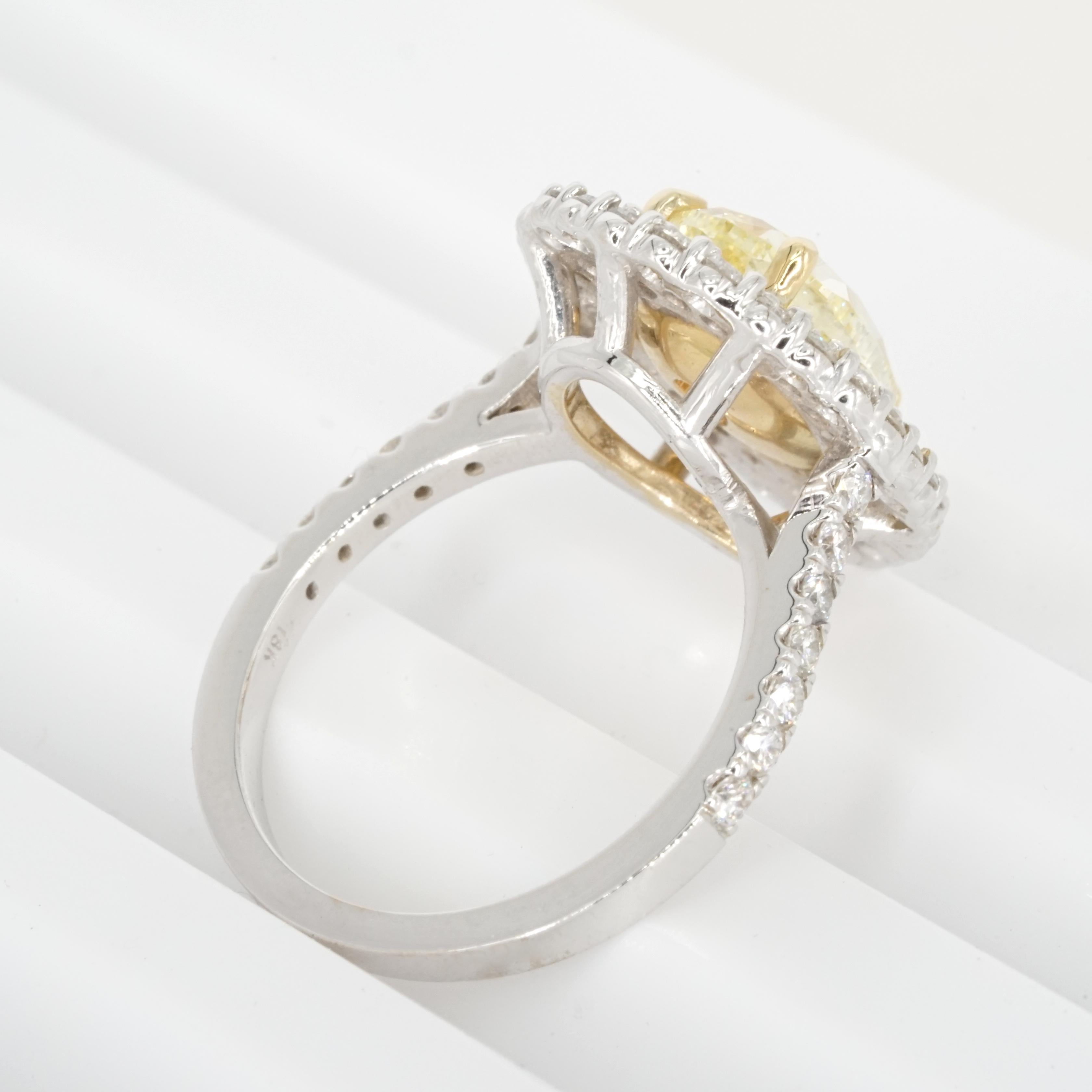 GIA Certified 2.01 Carat Fancy Light Yellow Diamond 18K Gold Double Halo Ring For Sale 1