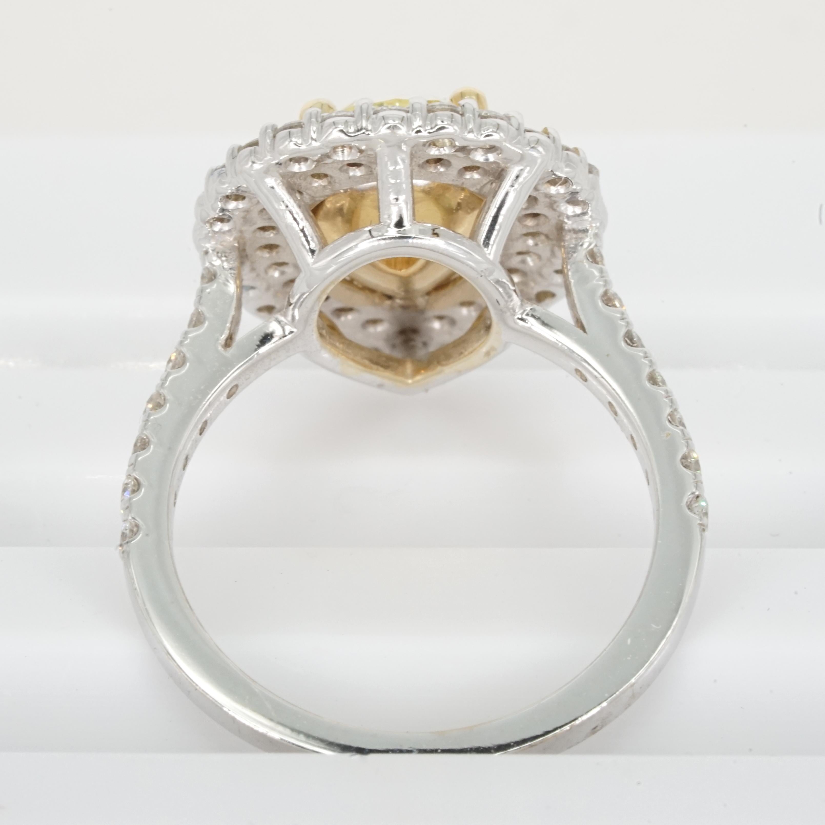 GIA Certified 2.01 Carat Fancy Light Yellow Diamond 18K Gold Double Halo Ring For Sale 2