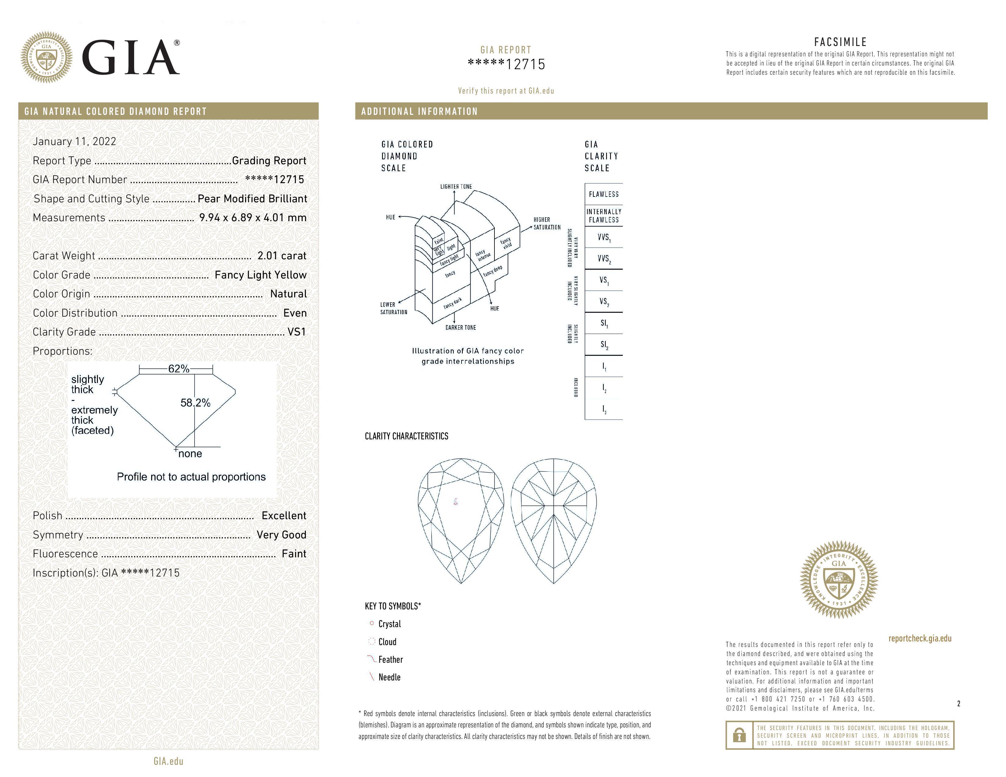 A bright and cheery 2.01 carat GIA certified diamond has an eye clean appearance and a completely natural bright yellow hue! 

This pear cut diamond is certified by GIA, the world’s premiere gemological authority. 

GIA classified the diamond’s