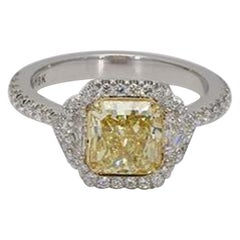 GIA Certified 2.01 Carat Fancy Yellow Radiant Cut Three Stone Halo 18K Gold Ring