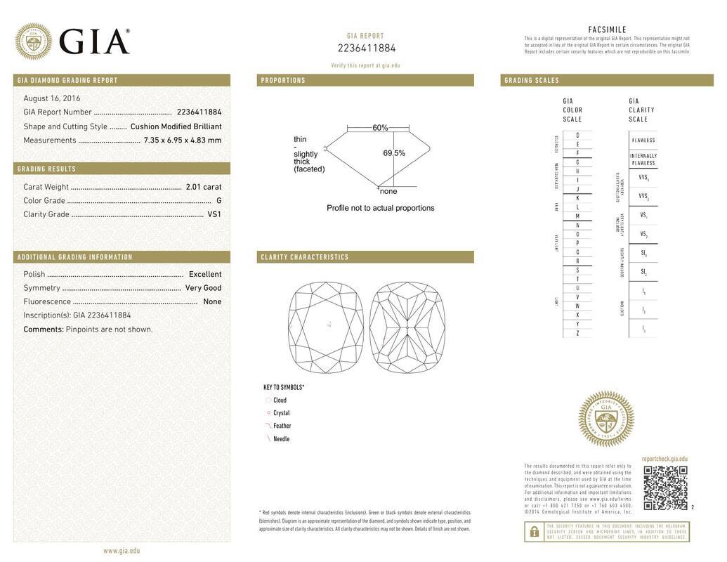 Contemporaneo GIA Certified 2.01 Carat Halo Cushion Cathedral Milgrain Diamond Ring in vendita