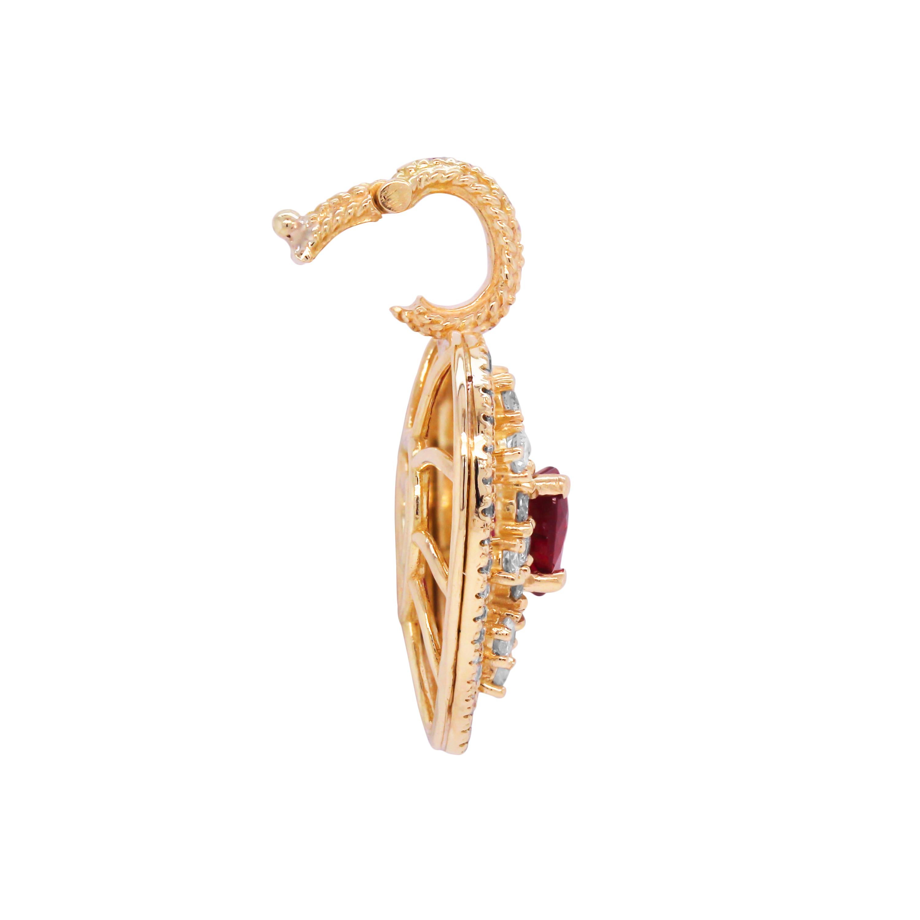 18K Yellow Gold and Diamond Heart Pendant with GIA Certified 2.01 Carat Heart Shape Ruby center

This incredible heart pendant features a Heart Shape Ruby center surrounded with diamonds all done in yellow gold

This enhancer pendant clips on and