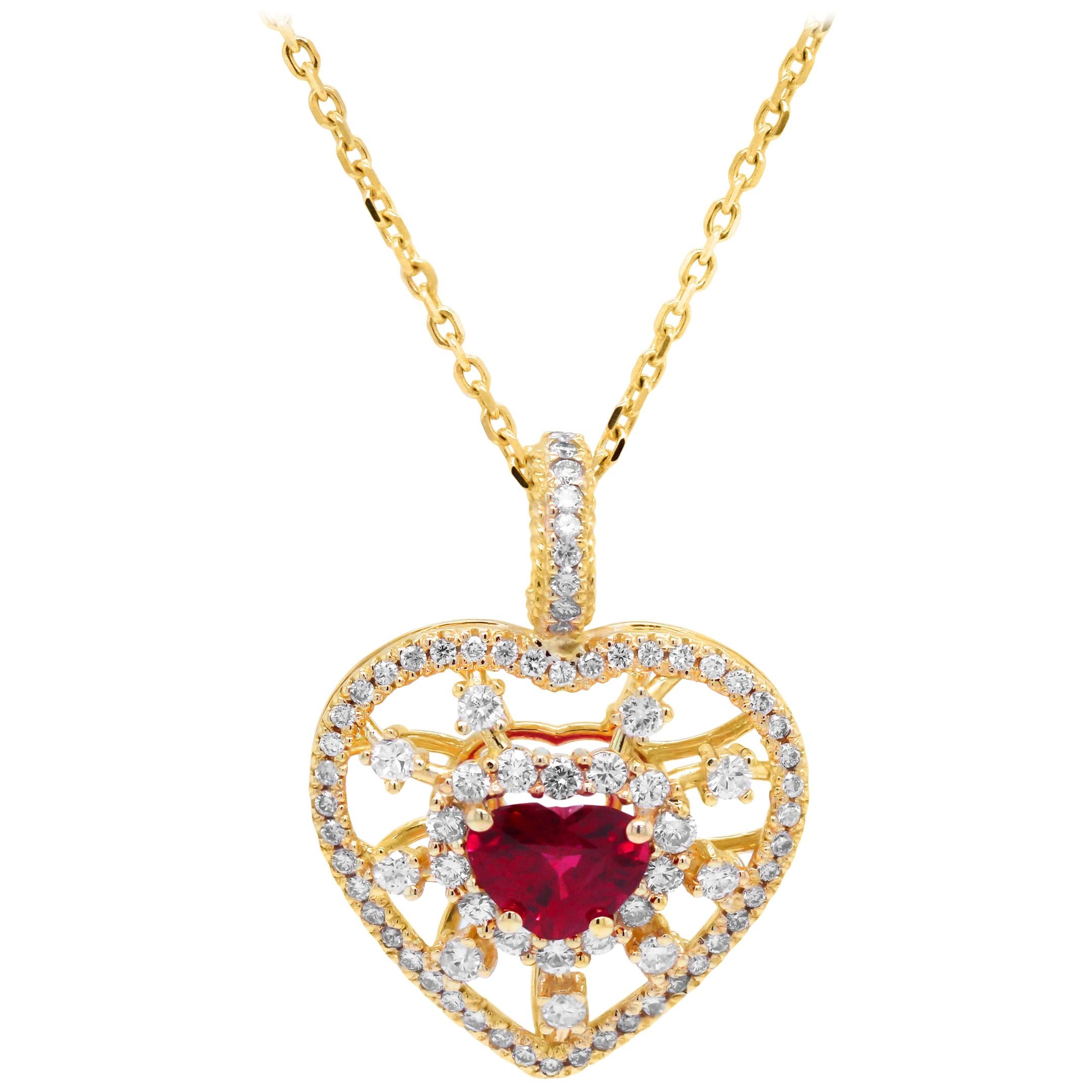 GIA Certified 2.01 Carat Heart Shape Ruby and Diamond Heart Pendant with Chain