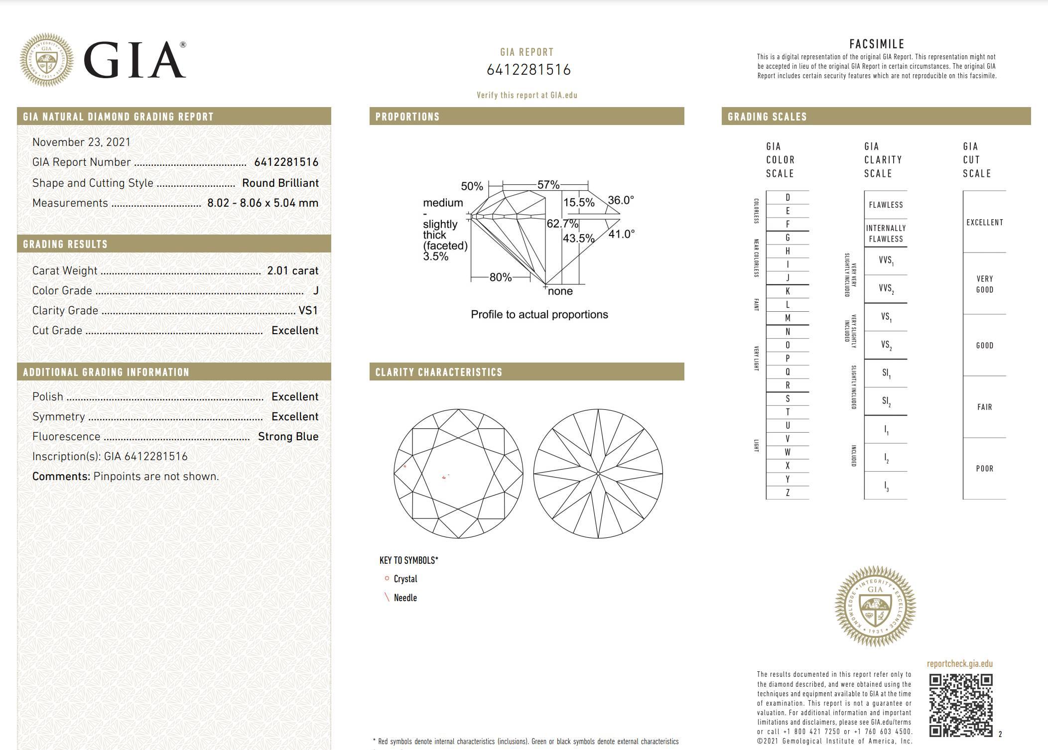 Women's GIA Certified 2.01 Carat J VS1 Round Natural Diamond Solitaire Engagement Ring For Sale