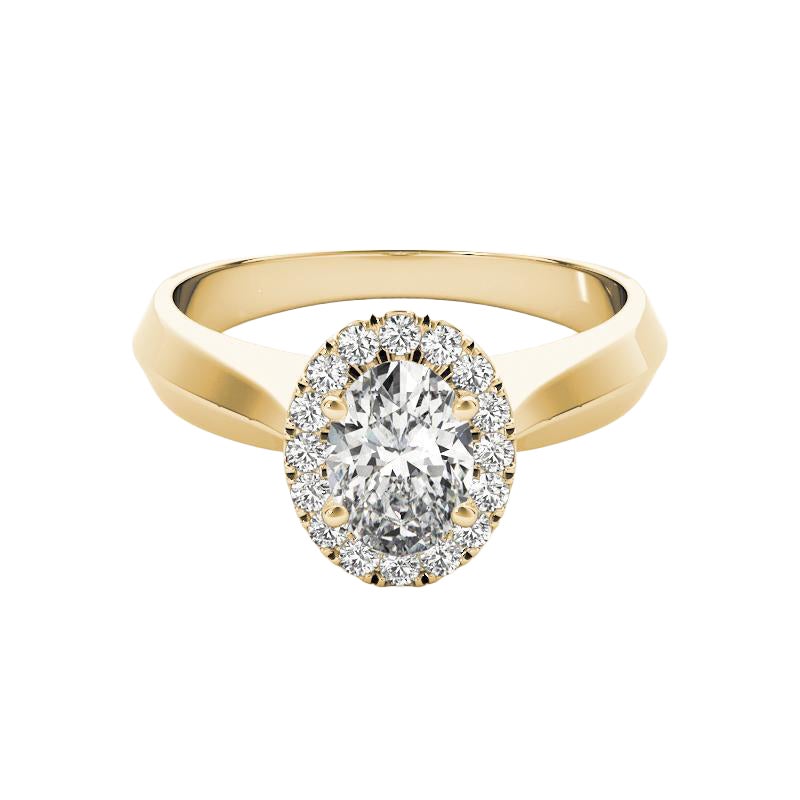 GIA Certified 2.01 Carat Knife Edge Band Oval Halo 18K Yellow Gold Ring