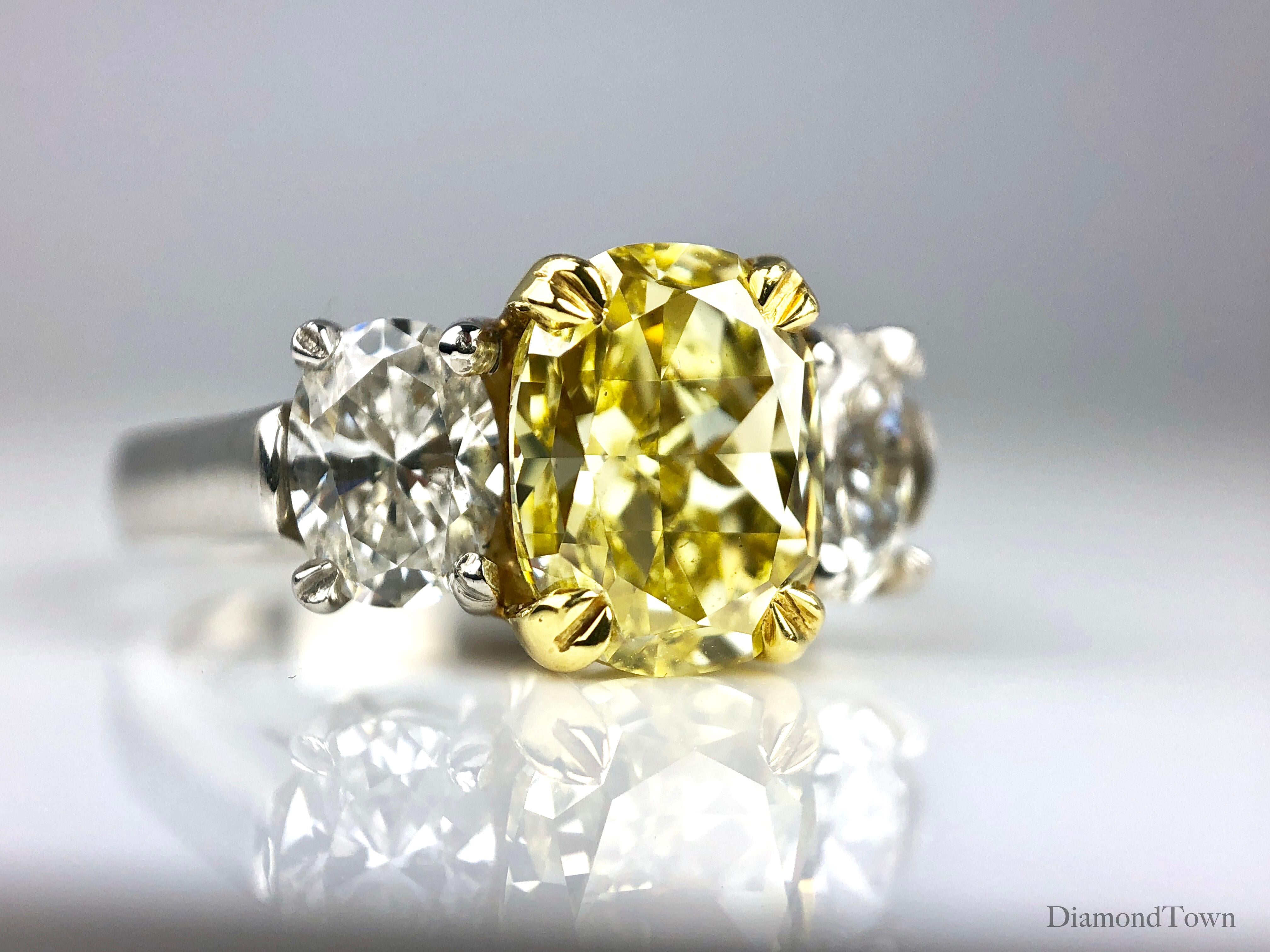 Oval Cut GIA Certified 2.01 Carat Natural Fancy Intense Yellow Diamond Ring ref124 For Sale