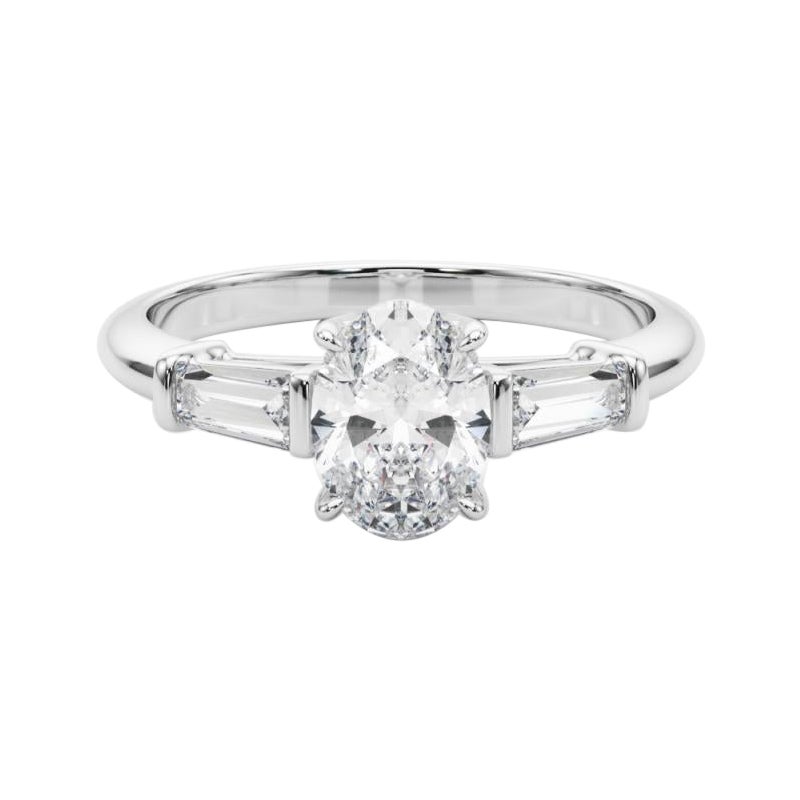 Anello classico a 3 pietre con diamante ovale e baguette certificato GIA da 2,01 carati in vendita