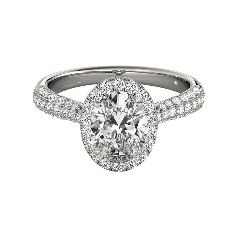 Bague en or blanc 18 carats certifiée GIA de 2,01 carats en forme de halo ovale et à plusieurs rangs de diamants