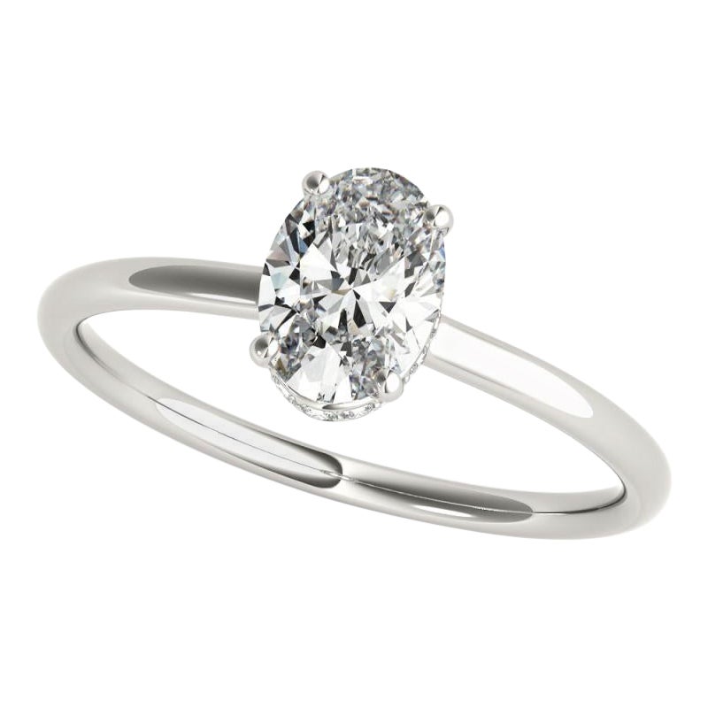 GIA Certified 2.01 Carat Oval Hidden Halo Slim Band White Gold Diamond Ring en vente