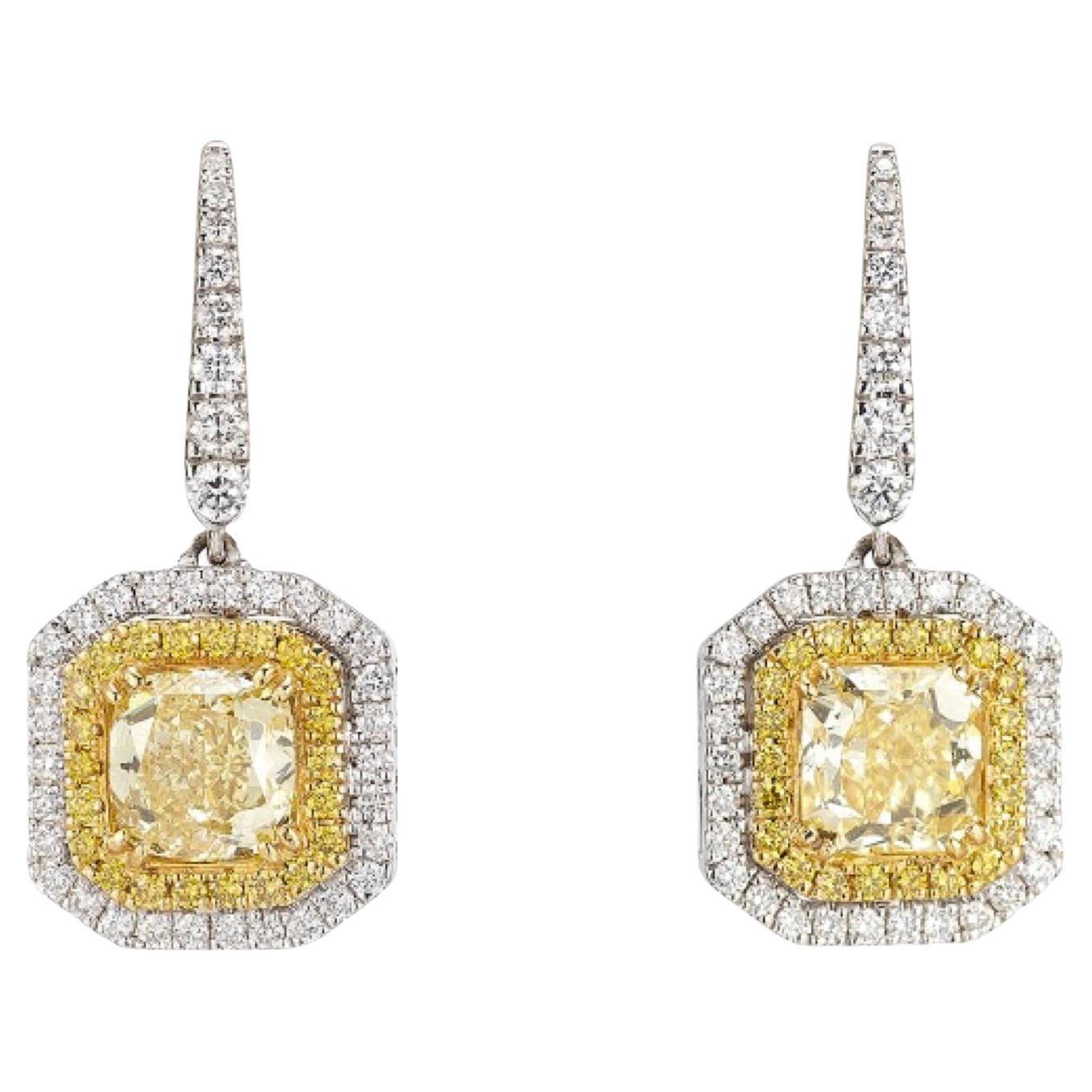 GIA Certified 2.01 Carat Pair of Fancy Yellow Diamond Drop Earrings