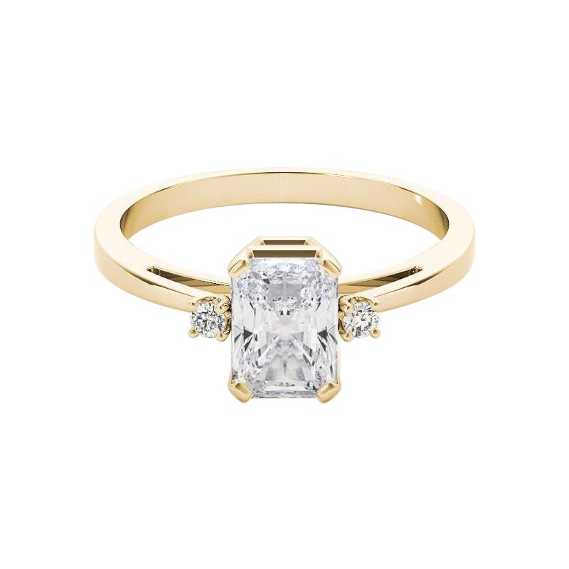 Bague à trois pierres en or jaune 18 carats certifiée GIA de 2,01 carats de diamant radiant