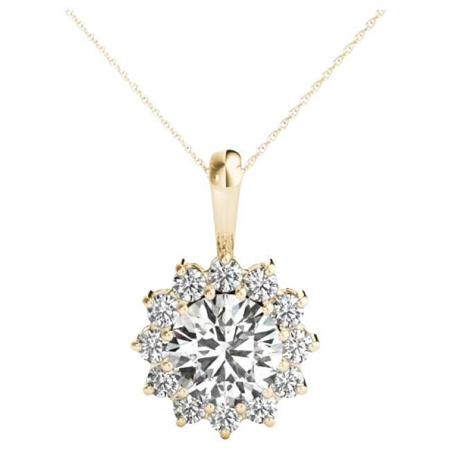 GIA Certified 2.01 Carat Round Diamond Sunshine Halo Gold Pendant Necklace