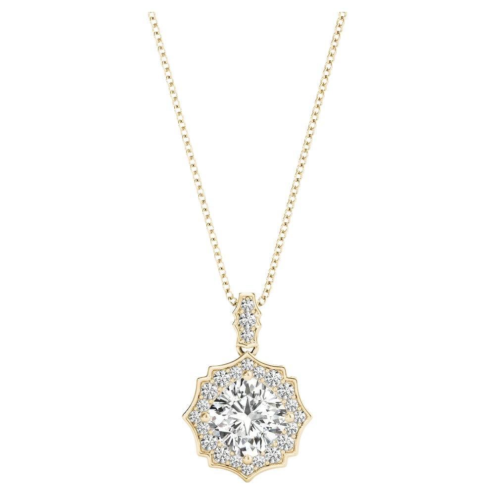 GIA Certified 2.01 Carat Round Starburst Halo Yellow Gold Pendant Necklace For Sale
