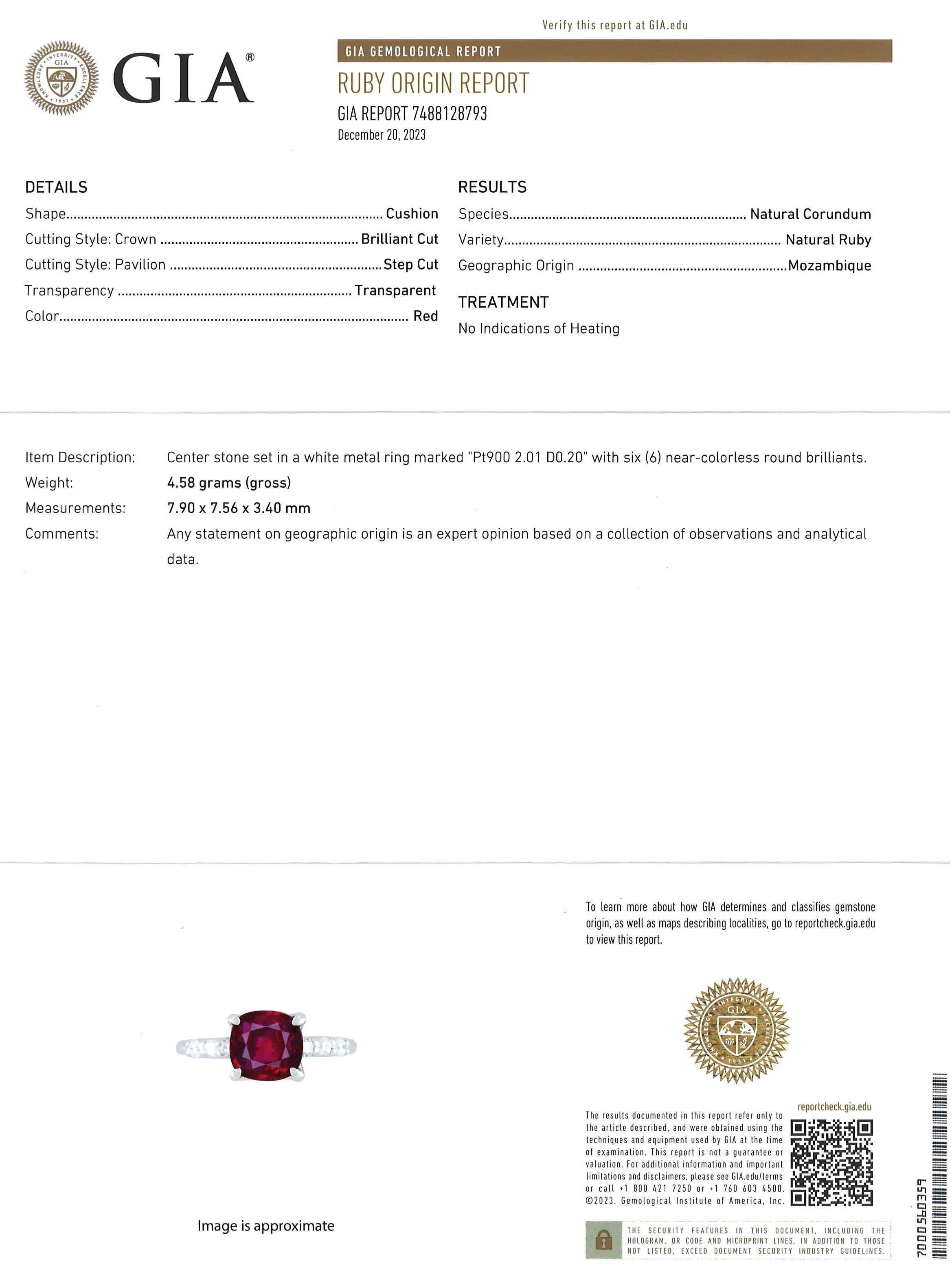 GIA Certified 2.01 Carat Ruby No Heat Scintillating Red Classical Solitaire Ring Pour hommes en vente