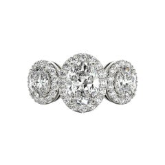 GIA Certified 2.01 Carat Three-Stone Oval Halo Basket Set Diamond Ring