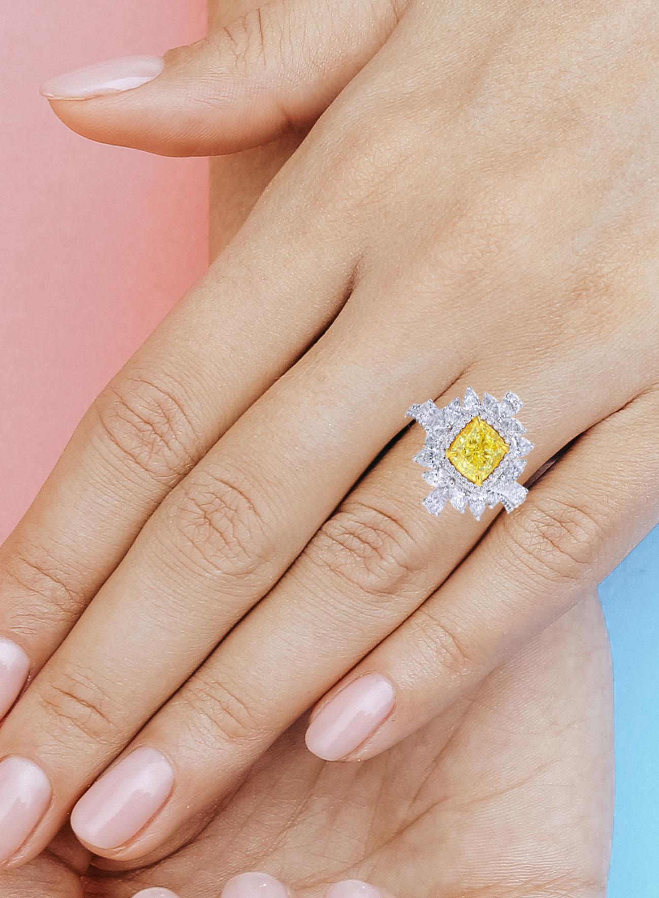 Modern GIA Certified 2.01 Carat Yellow Cushion Diamond Engagement Ring For Sale