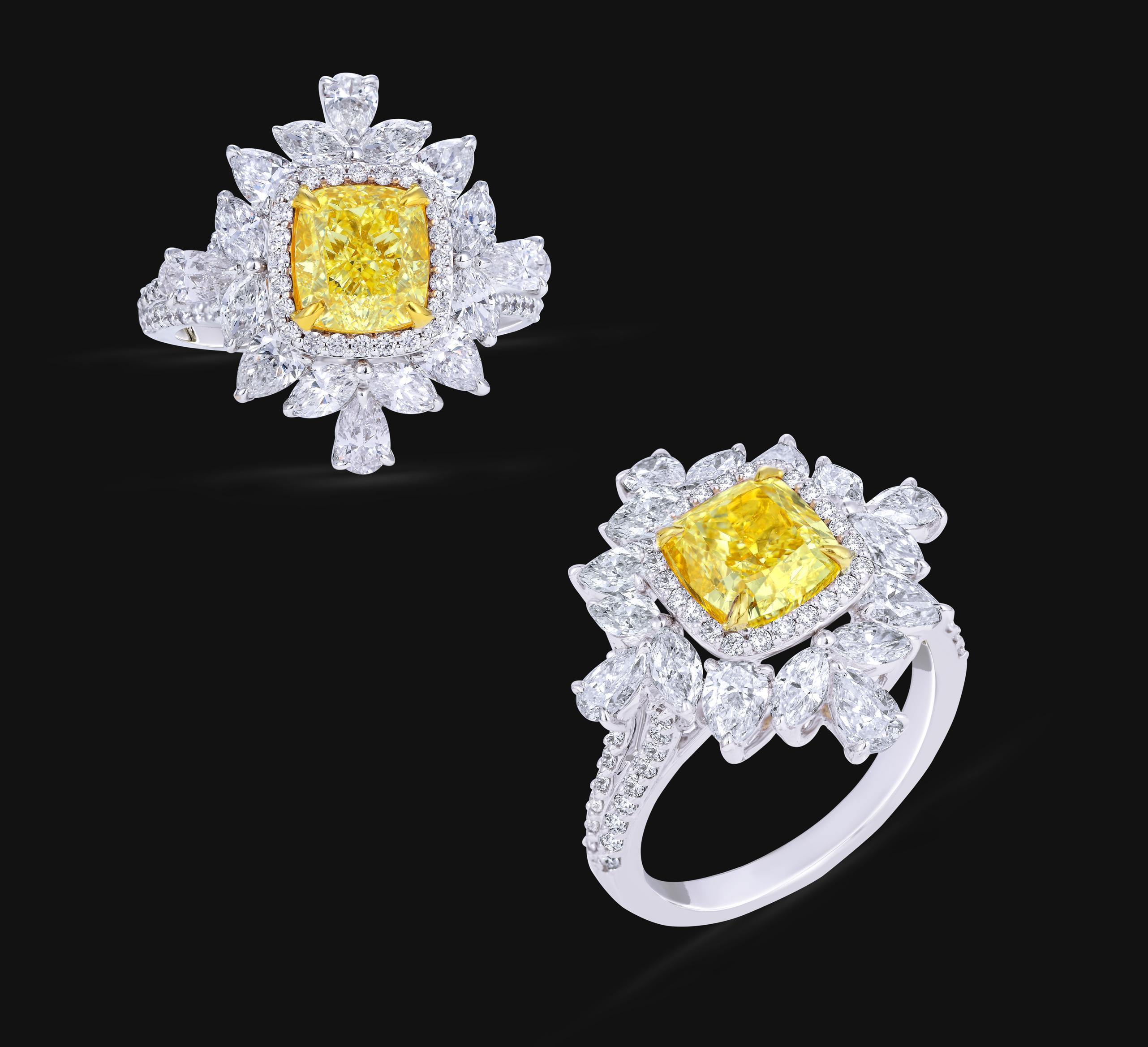 Cushion Cut GIA Certified 2.01 Carat Yellow Cushion Diamond Engagement Ring For Sale