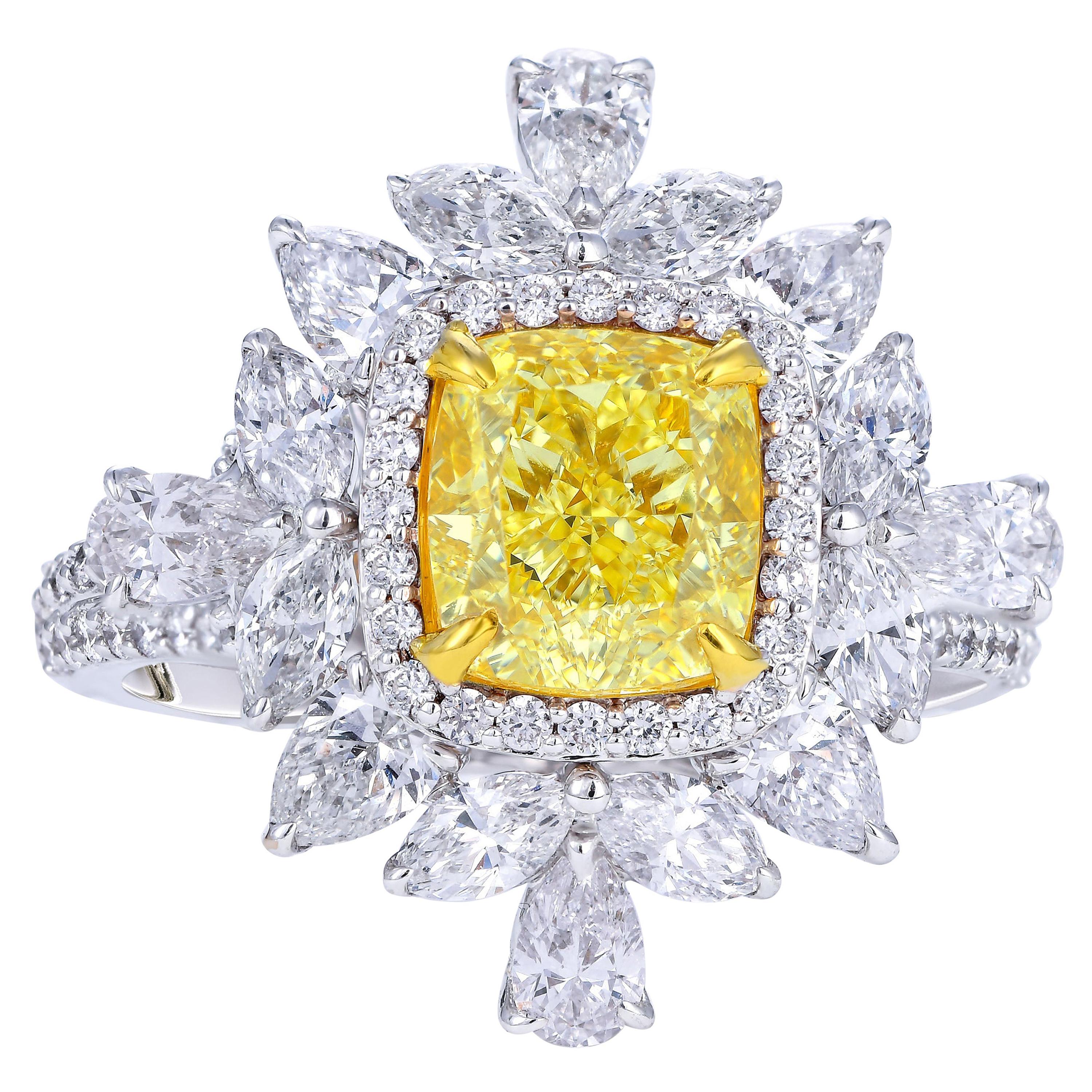 GIA Certified 2.01 Carat Yellow Cushion Diamond Engagement Ring For Sale