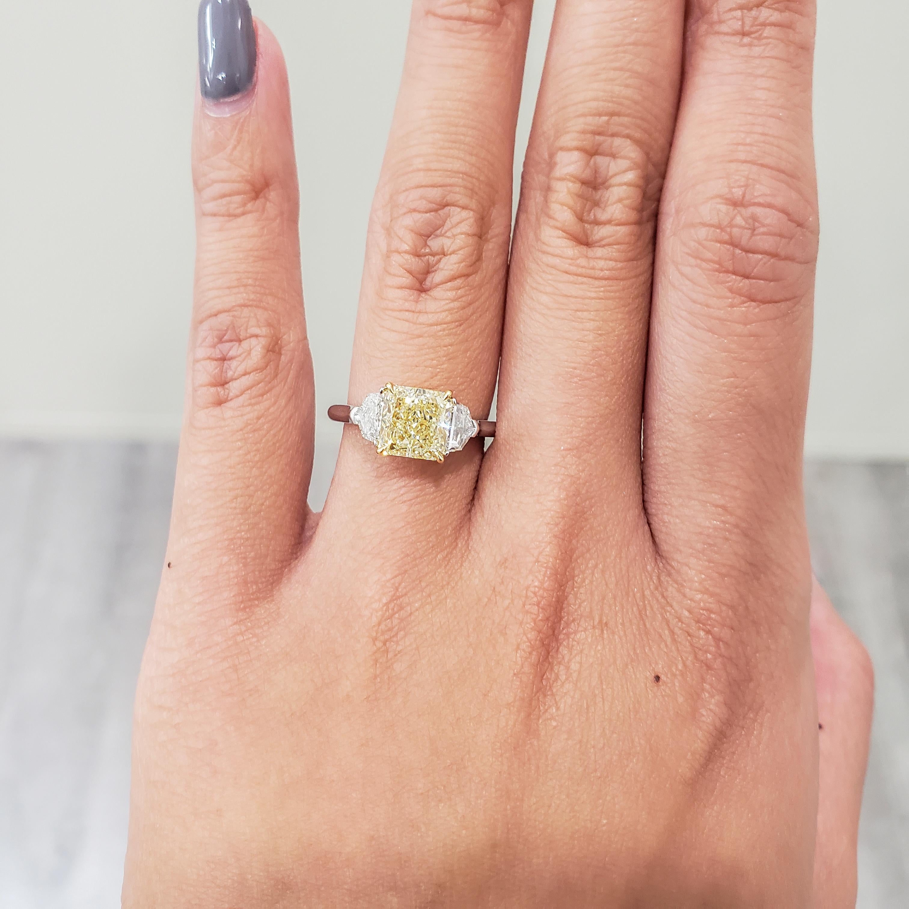 Radiant Cut GIA Certified 2.01 Carat Yellow Diamond Three-Stone Engagement Ring