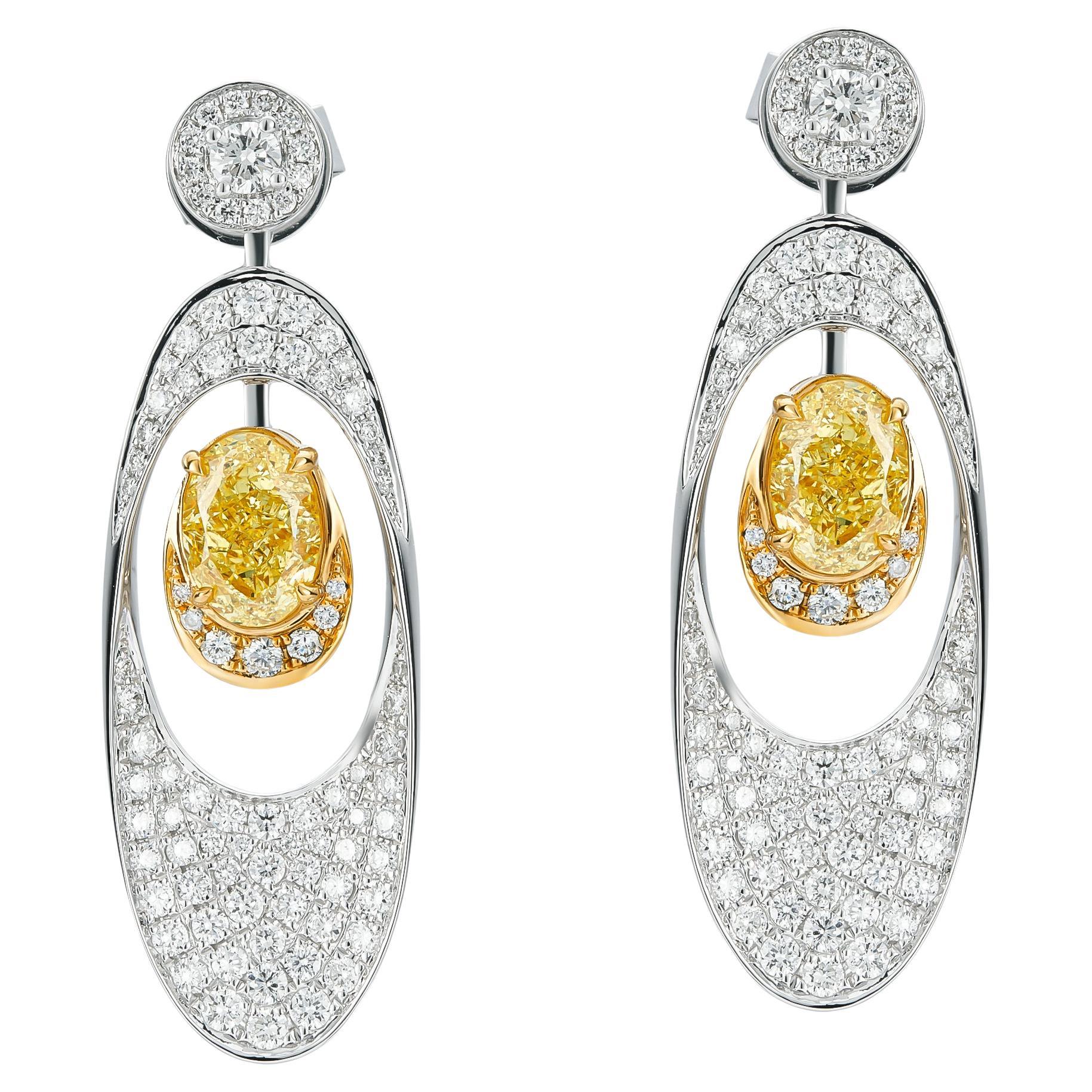 GIA Certified 2.01 CT Fancy Intense Yellow Diamond Drop Earrings in 18K Two-Tone For Sale