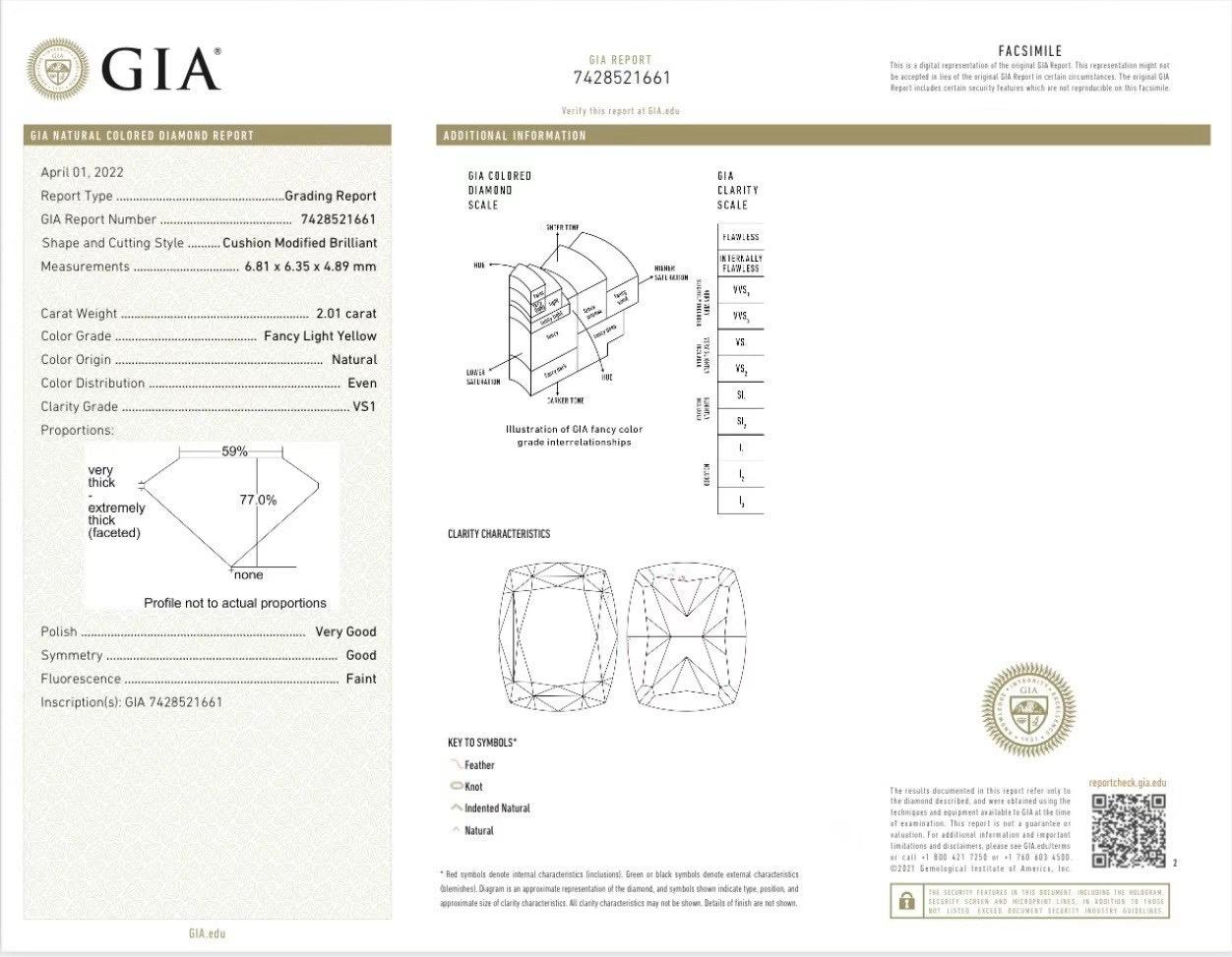 Women's or Men's GIA Certified 2.01 CT Fancy Light Yellow Diamond Three-Stone Ring For Sale